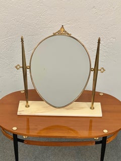 Italian Polished Brass Table Mirror with Marble Adjustable Vanity Base, 1950s
