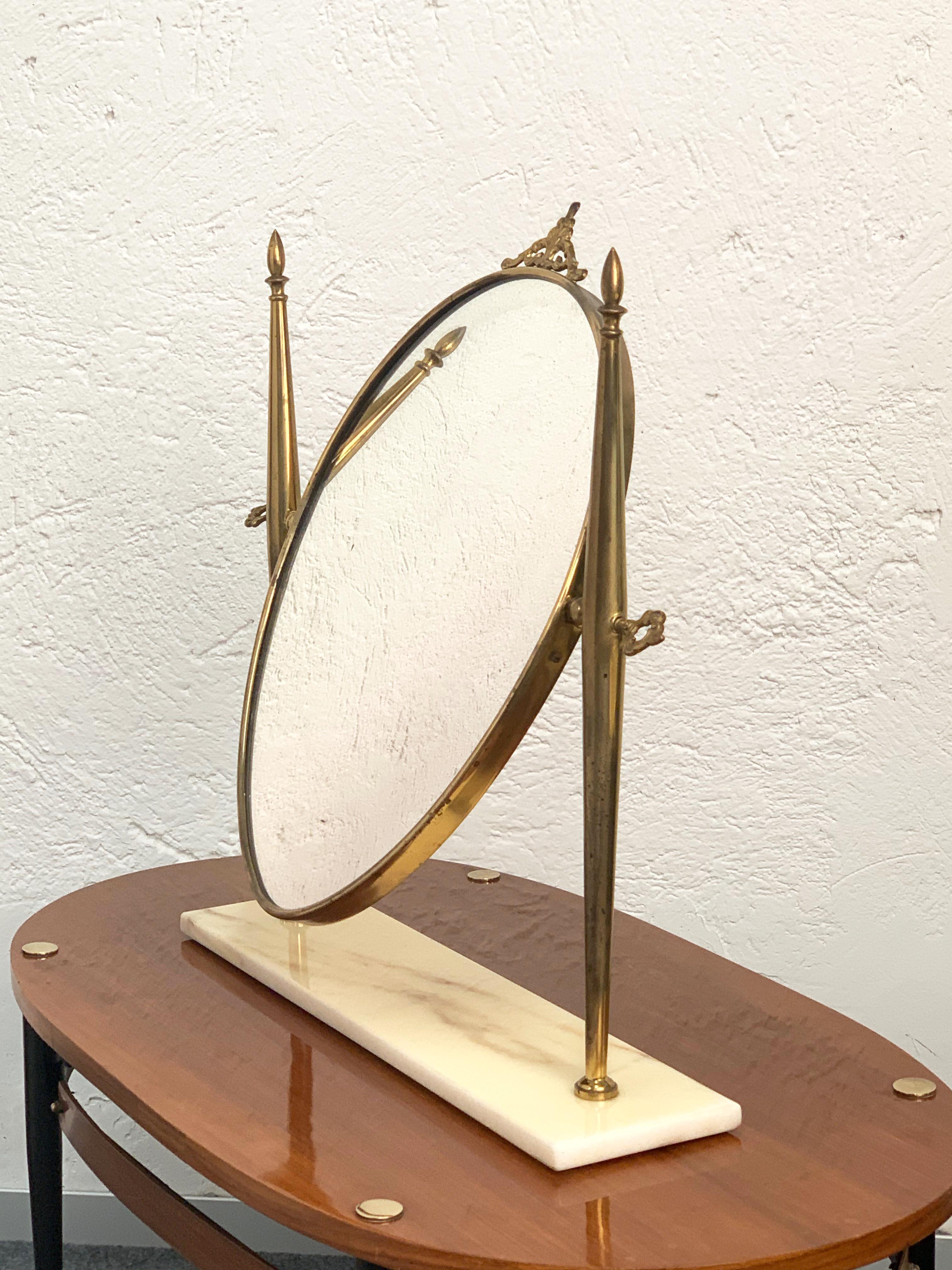 Mid-Century Modern Italian Polished Brass Table Mirror with Marble Adjustable Vanity Base, 1950s For Sale