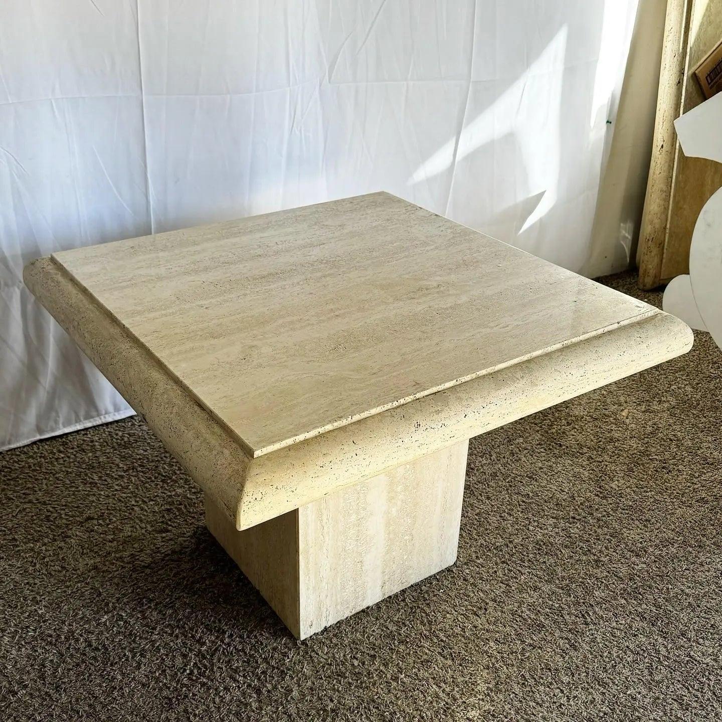 Italian Polished Bullnose Travertine Square Top Side Table In Good Condition For Sale In Delray Beach, FL