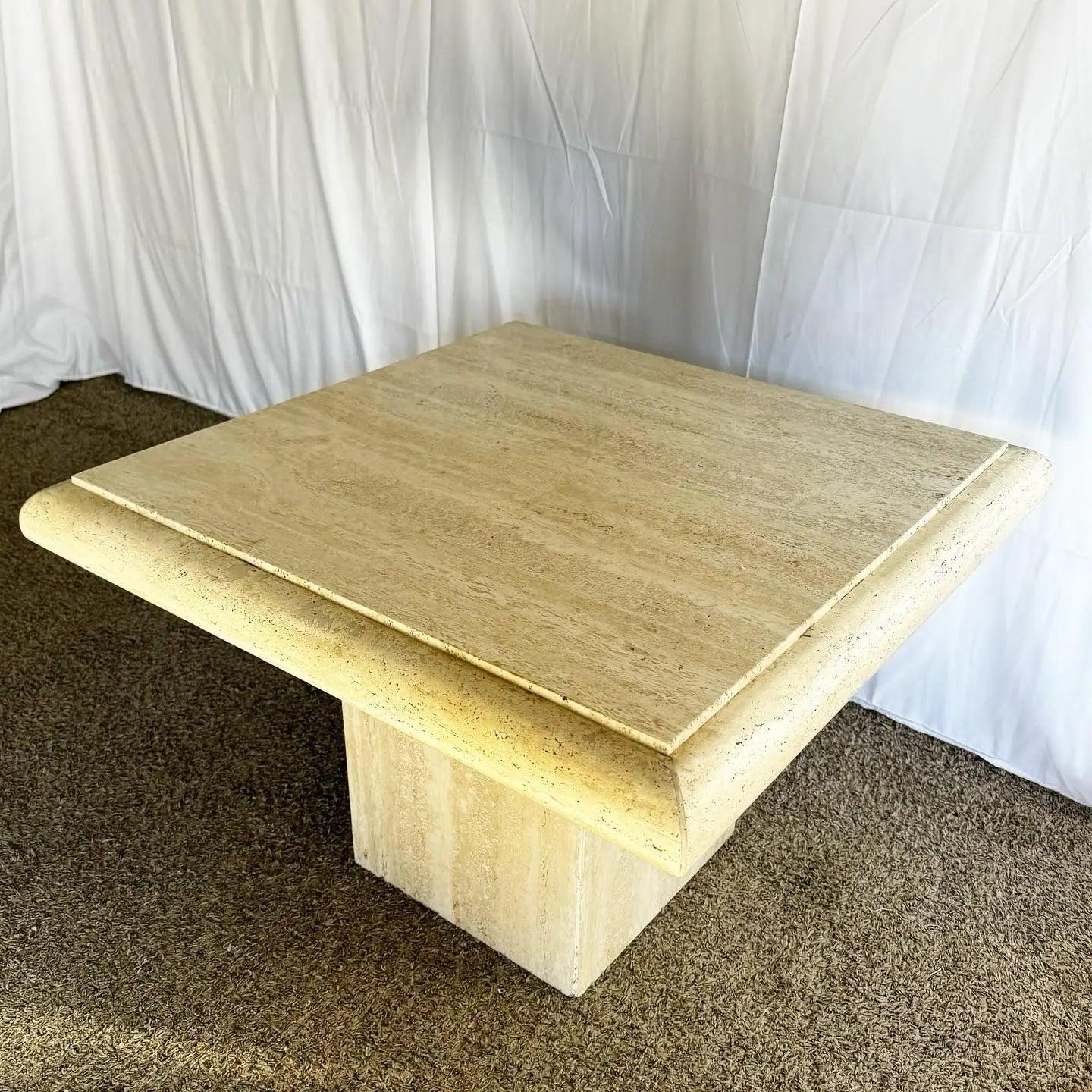 Contemporary Italian Polished Bullnose Travertine Square Top Side Table For Sale