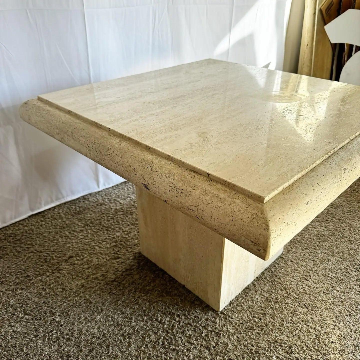 Italian Polished Bullnose Travertine Square Top Side Table For Sale 4