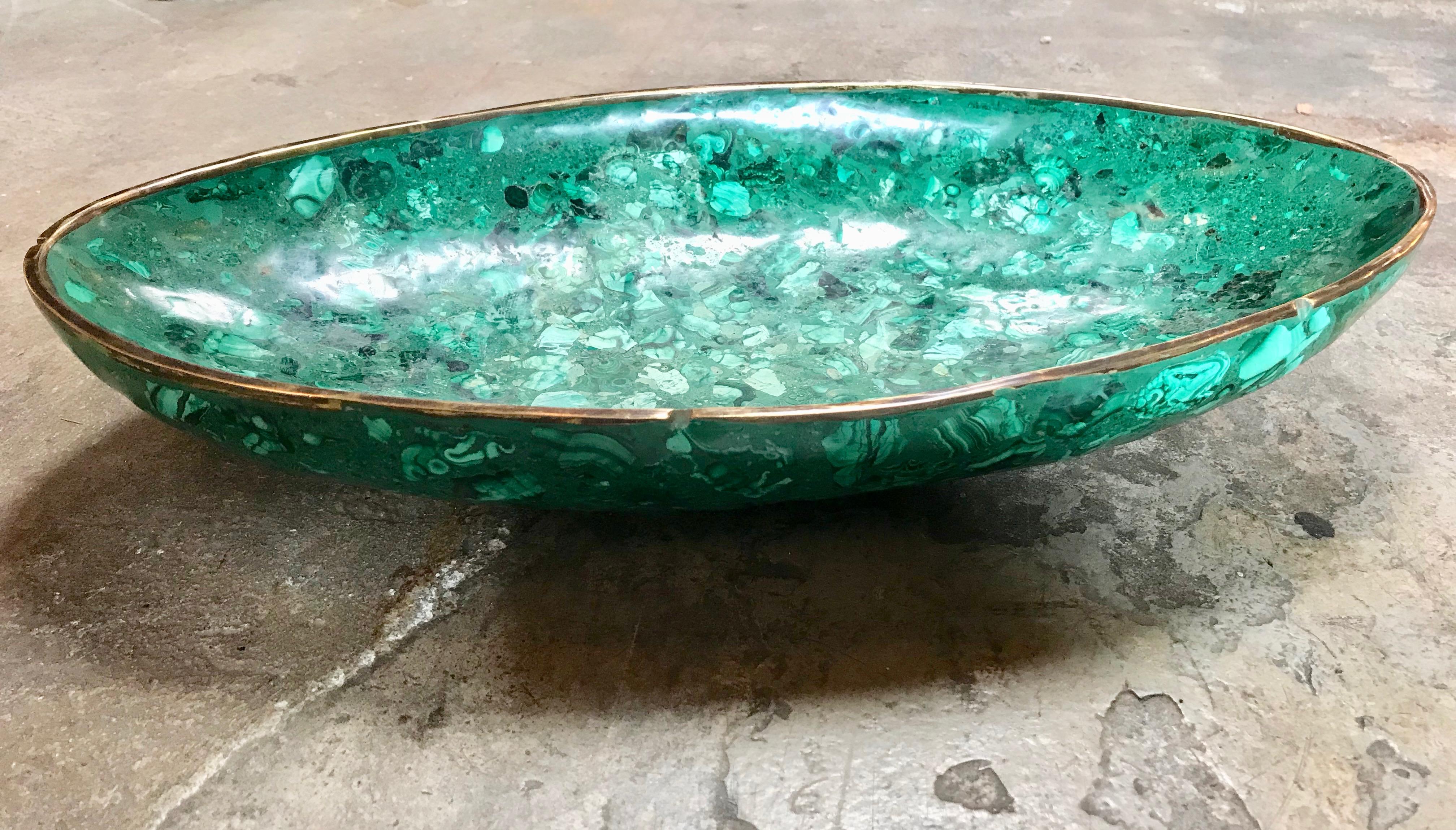 Italian marble (malachite) bowl for a desk, coffee table or any other use as it is an unusual high sided brass bowl. 
Green and some gray and white veining in the polished marble bowl.