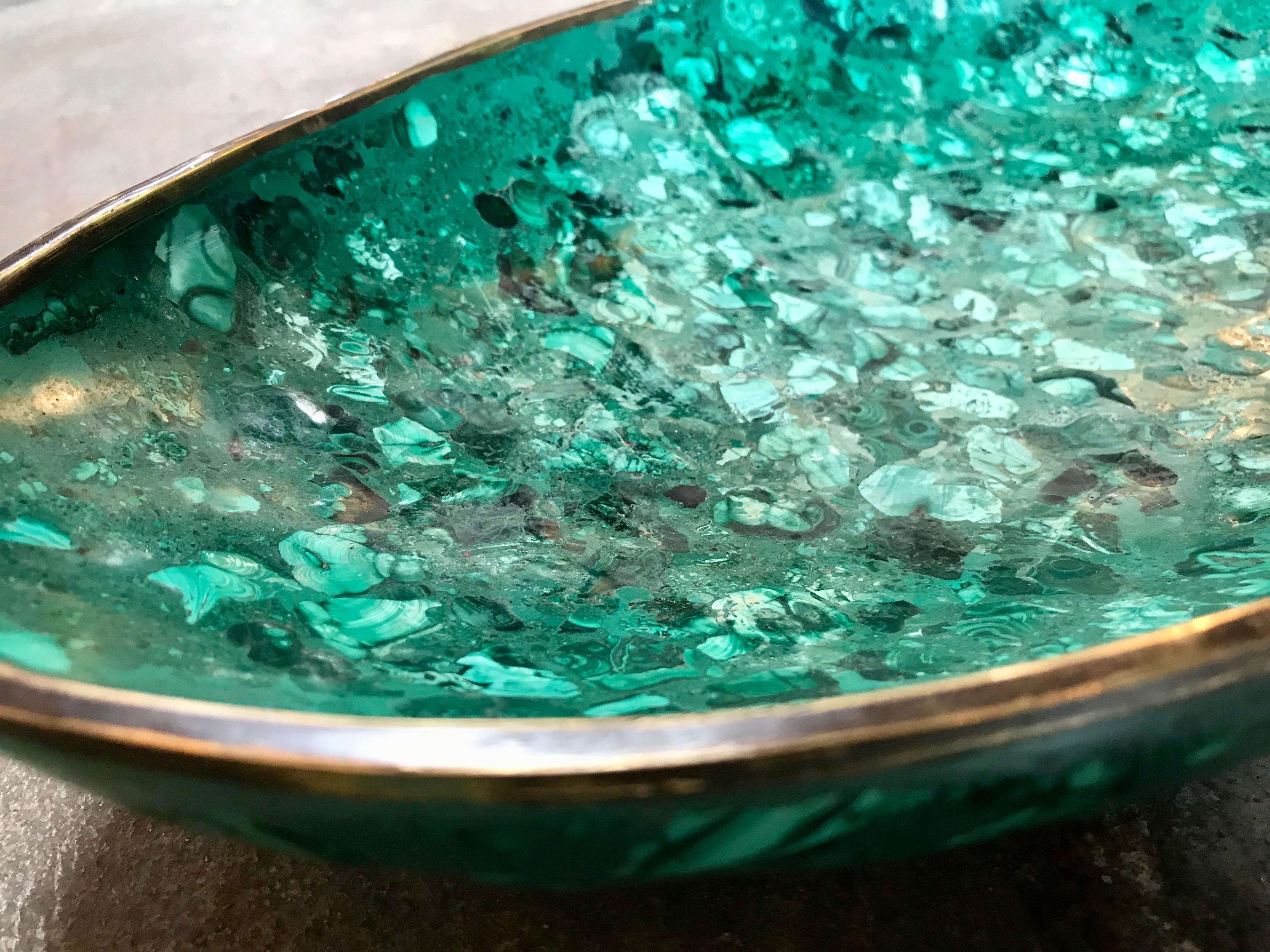 Italian Polished Green Marble Oval High Sided Brass Bowl, 1960s In Excellent Condition In Los Angeles, CA