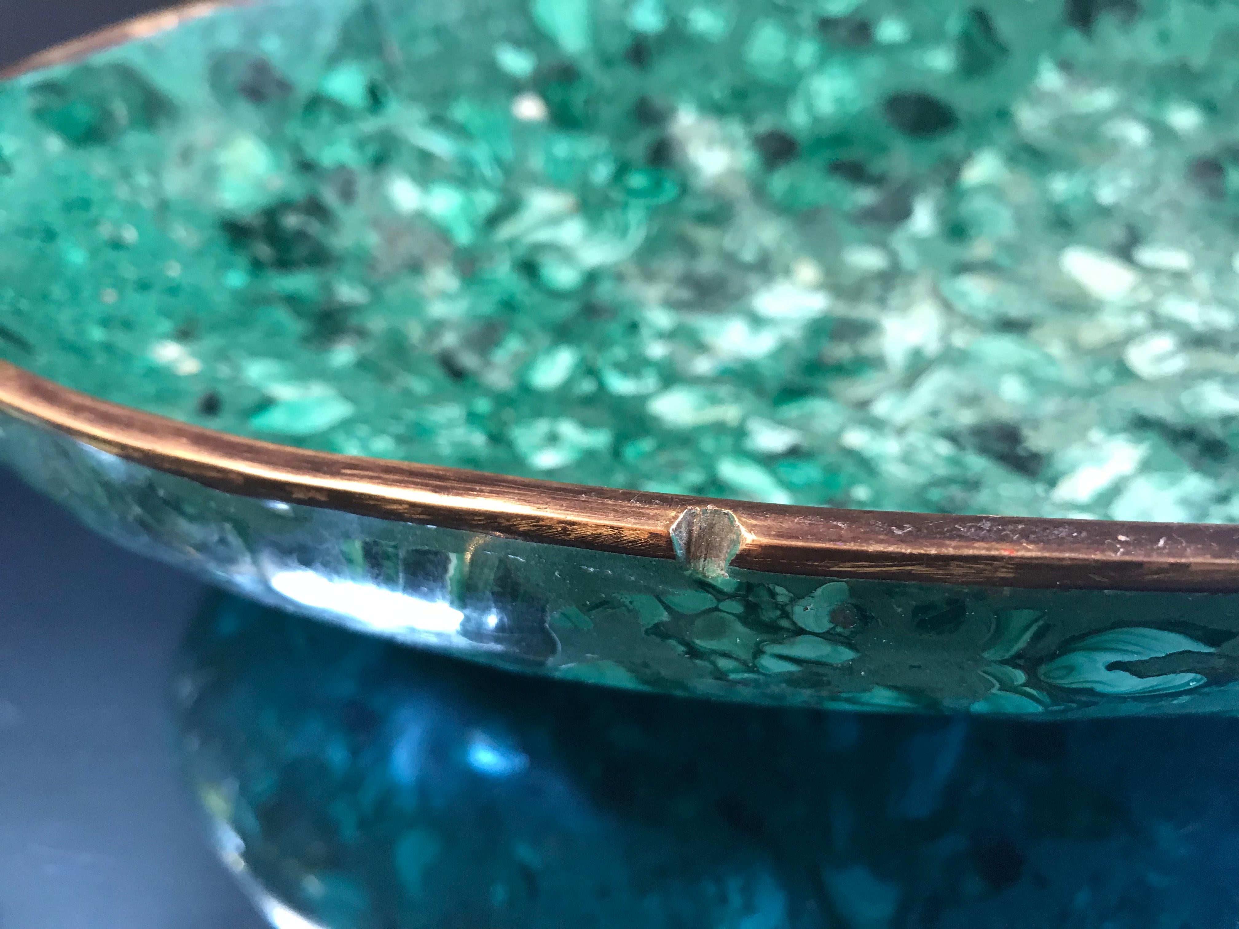 Italian Polished Green Marble Oval High Sided Brass Bowl, 1960s 1