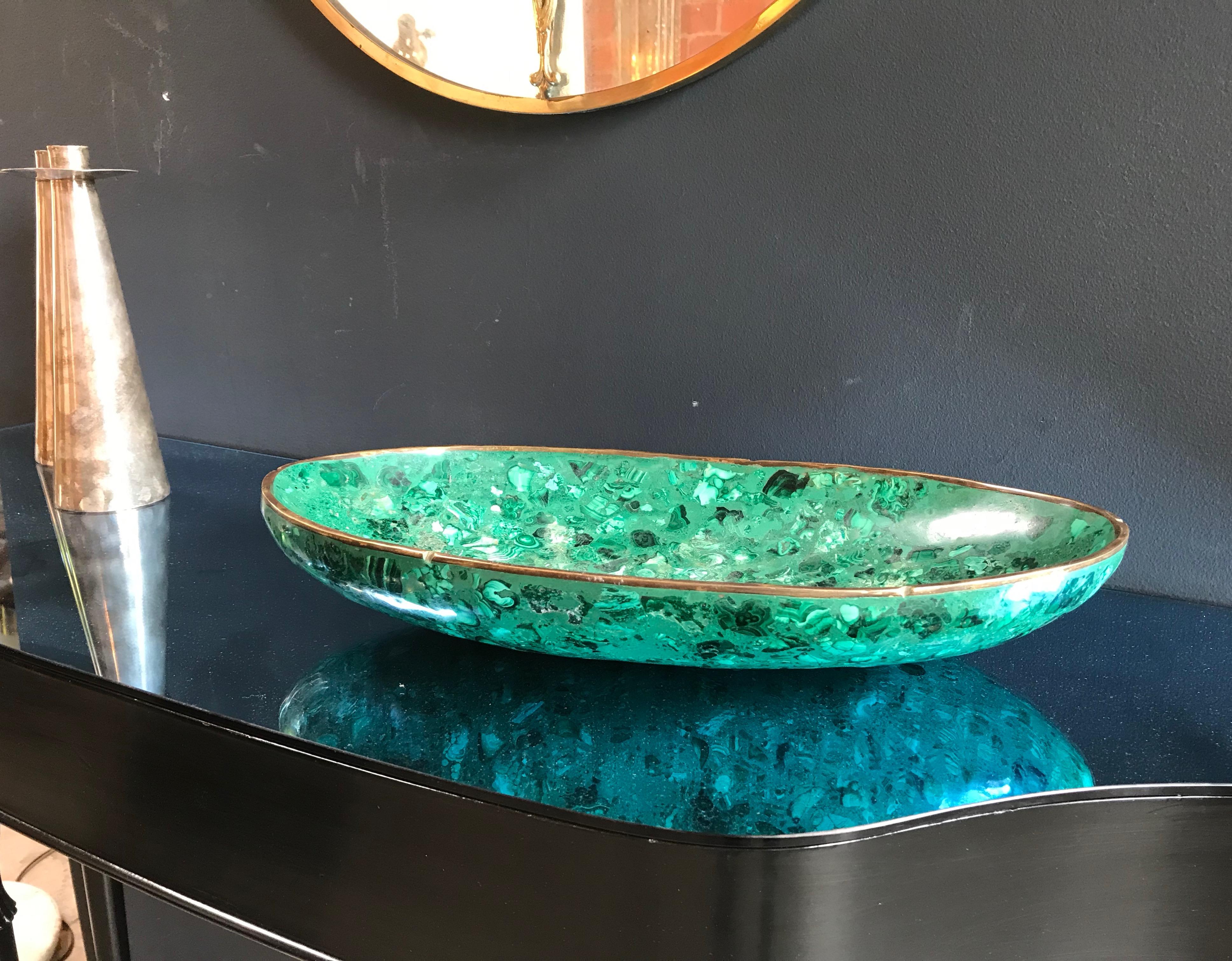 Italian Polished Green Marble Oval High Sided Brass Bowl, 1960s 2