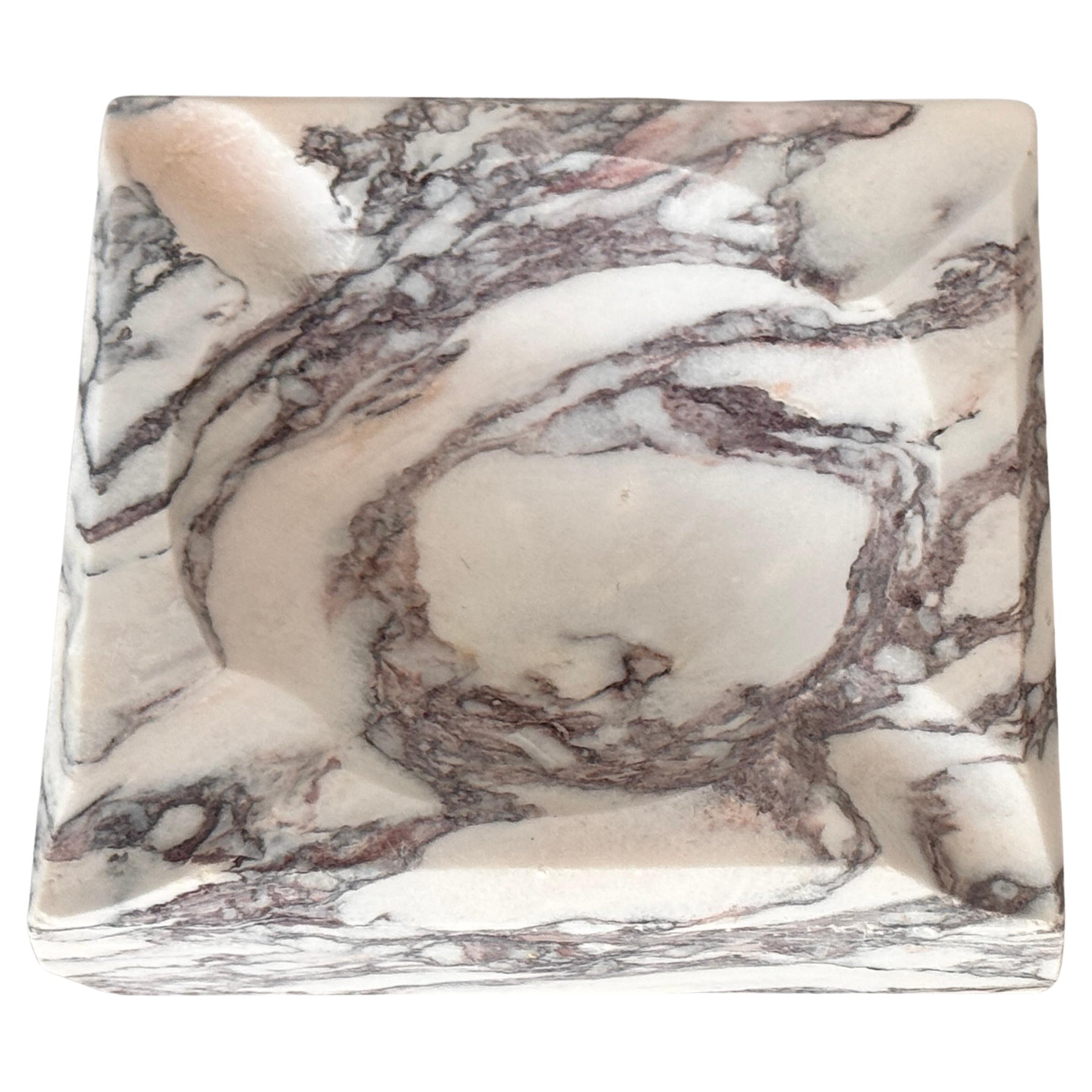 Italian Polished Marble Ashtray – 1960s – White and Grey Veining, Square Shape For Sale