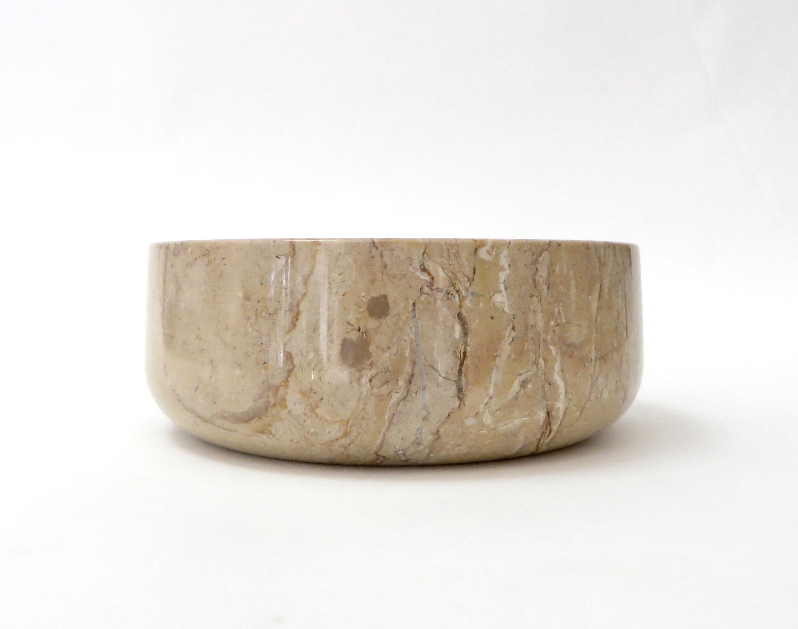 Italian marble bowl for a desk, coffee table or any other use as it is an unusual high sided bowl. 
Caramel brown, brown and some gray and white veining in the polished marble bowl.