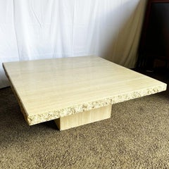 Italian Polished Travertine Square Coffee Table W/ Raw Edge Stone International