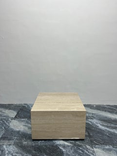 Italian Polished Travertine Square Cube Coffee Table on Casters, 1970s