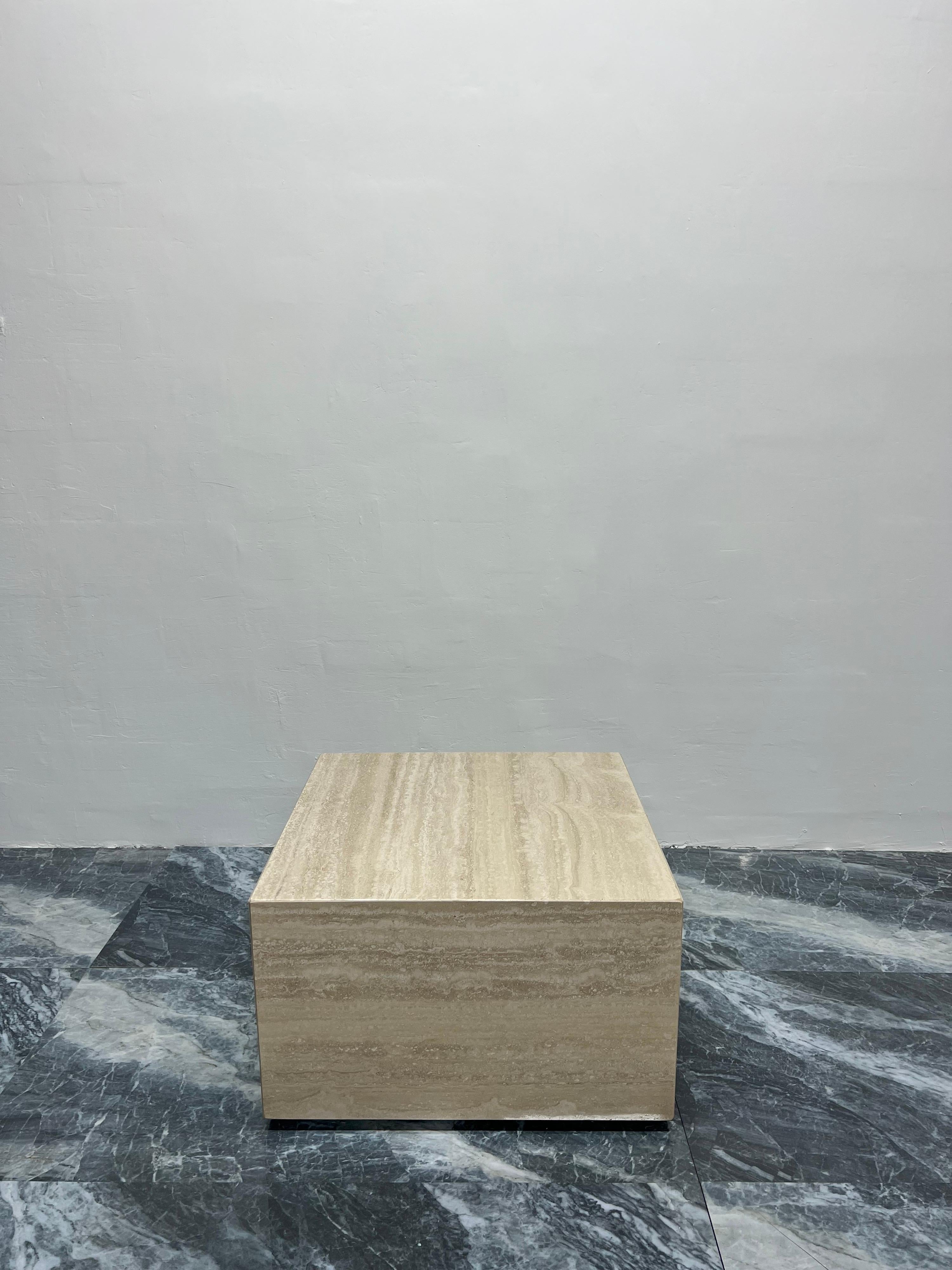 Italian Polished Travertine Square Cube Coffee Table on Casters, 1970s In Good Condition In Miami, FL