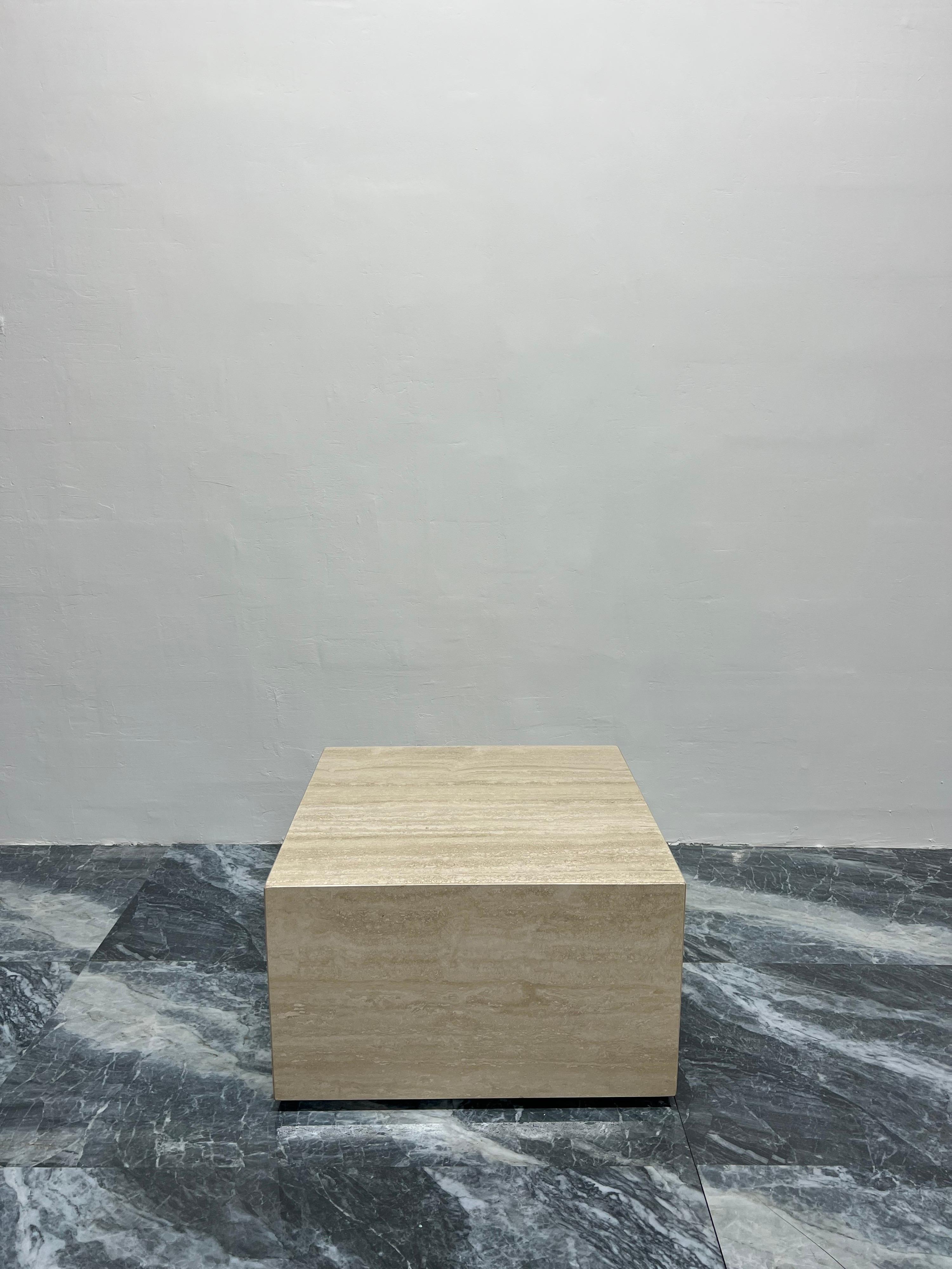 Italian Polished Travertine Square Cube Coffee Table on Casters, 1970s 1