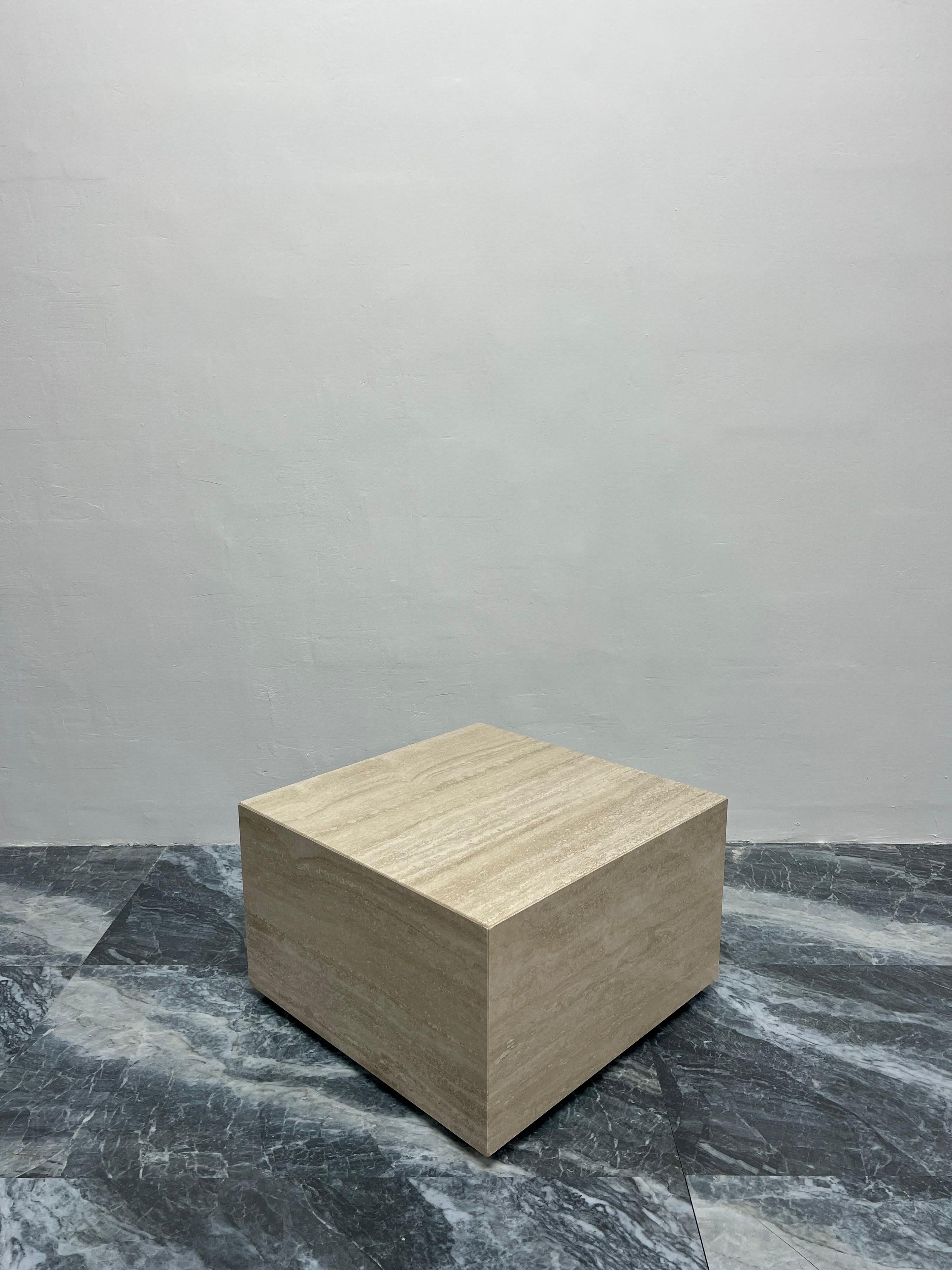 Italian Polished Travertine Square Cube Coffee Table on Casters, 1970s 2