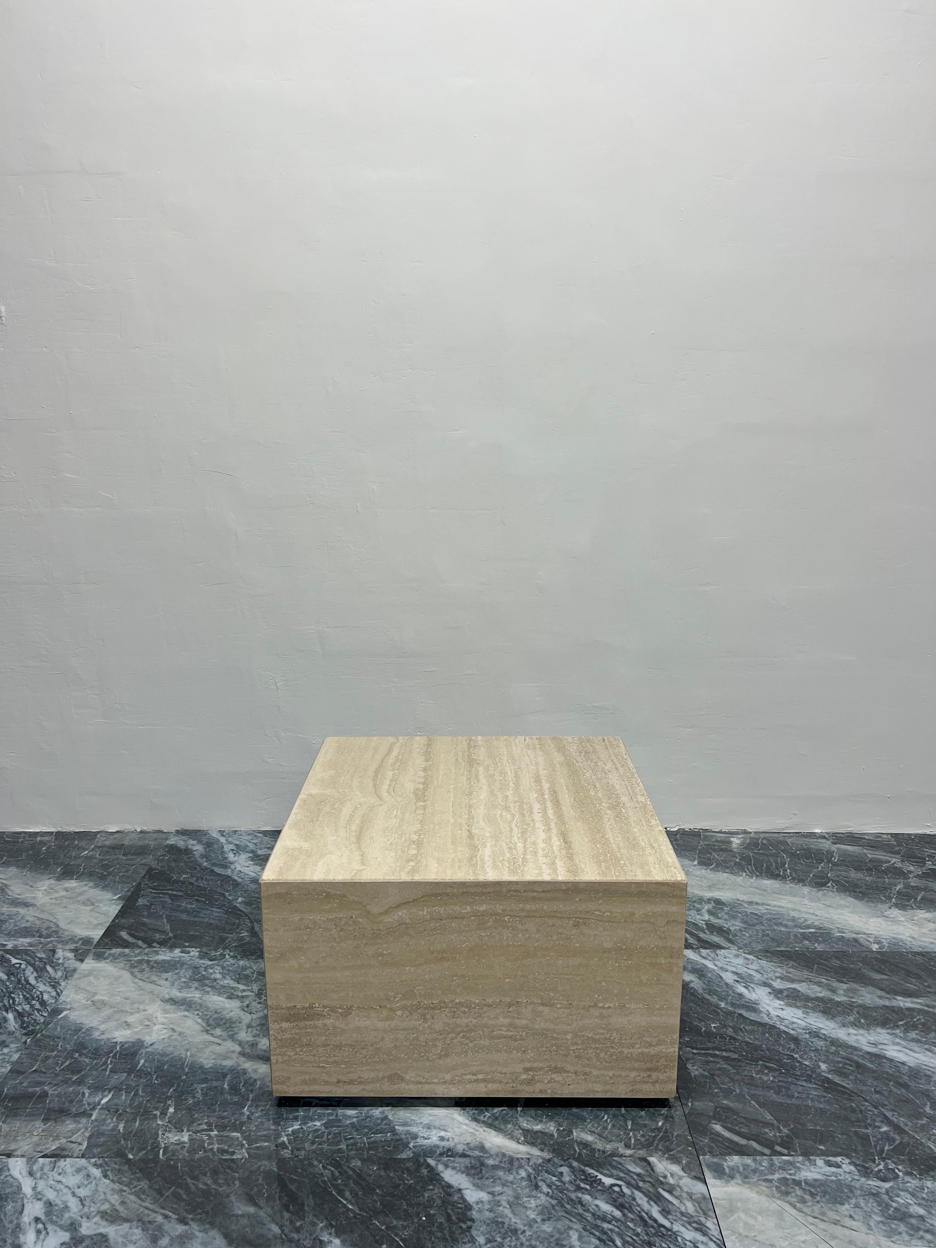 Italian Polished Travertine Square Cube Coffee Table on Casters, 1970s 3