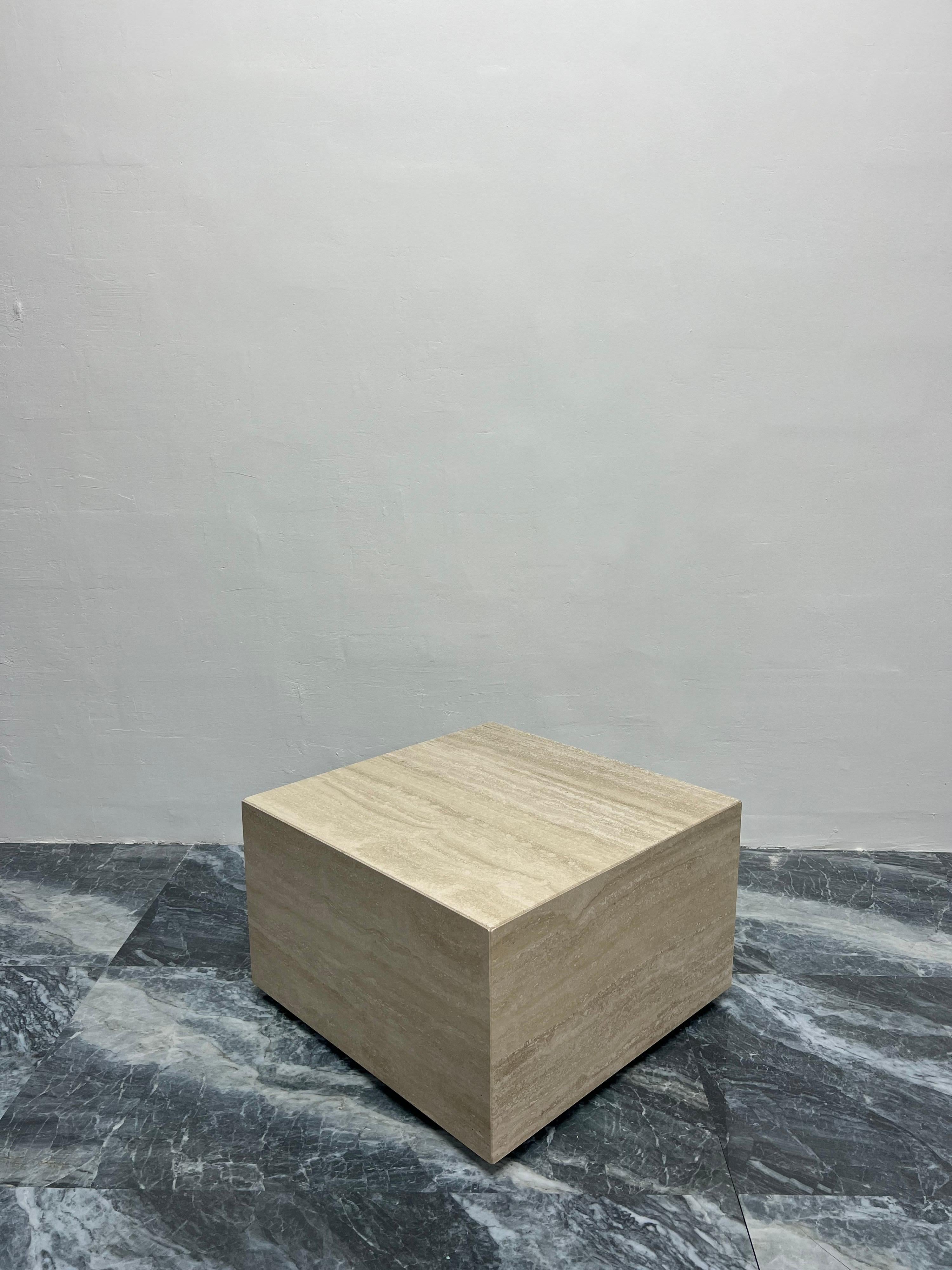 Italian Polished Travertine Square Cube Coffee Table on Casters, 1970s 4
