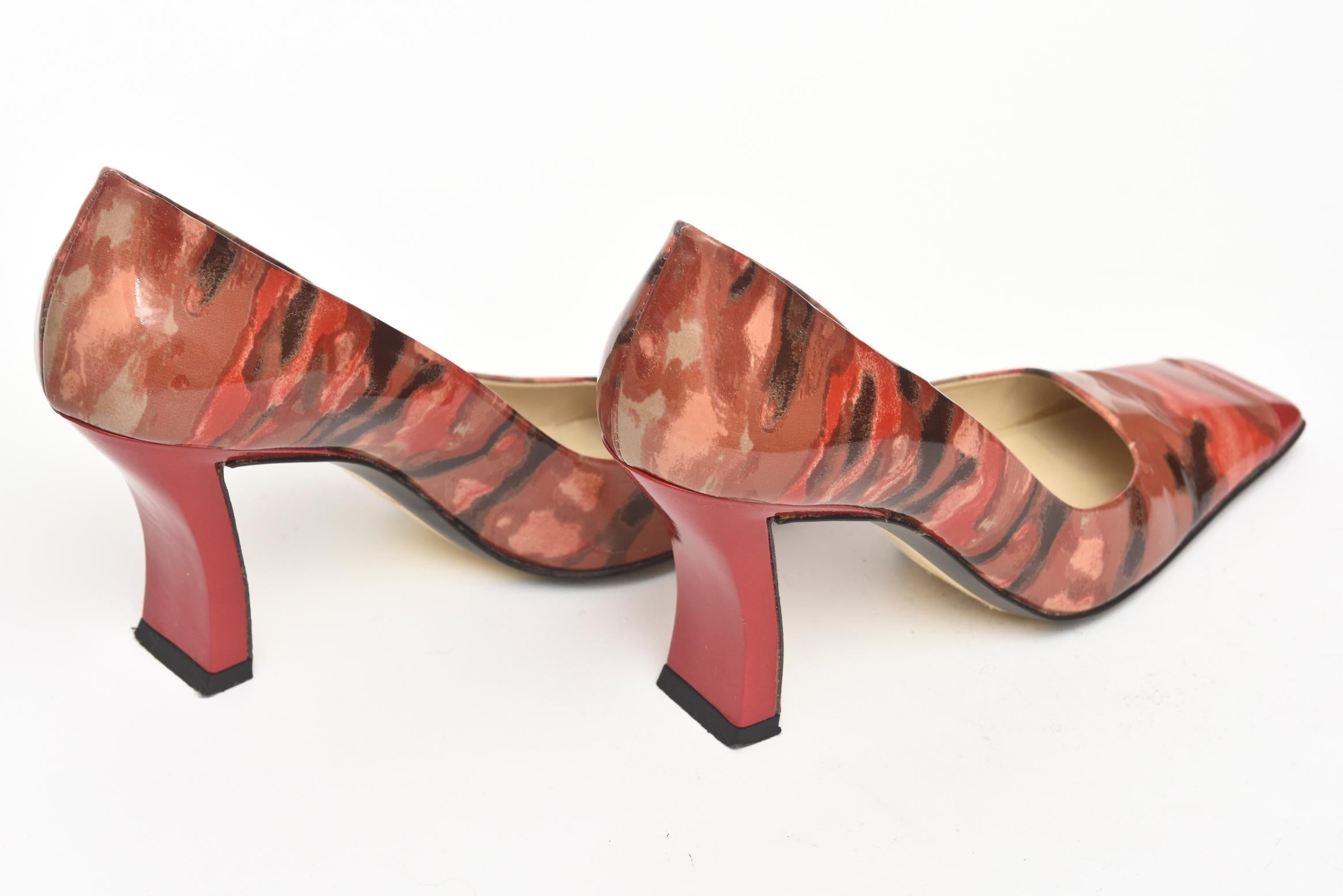 Italian Pollini Sculpted Abstract Patent Leather Shoes Red Black 