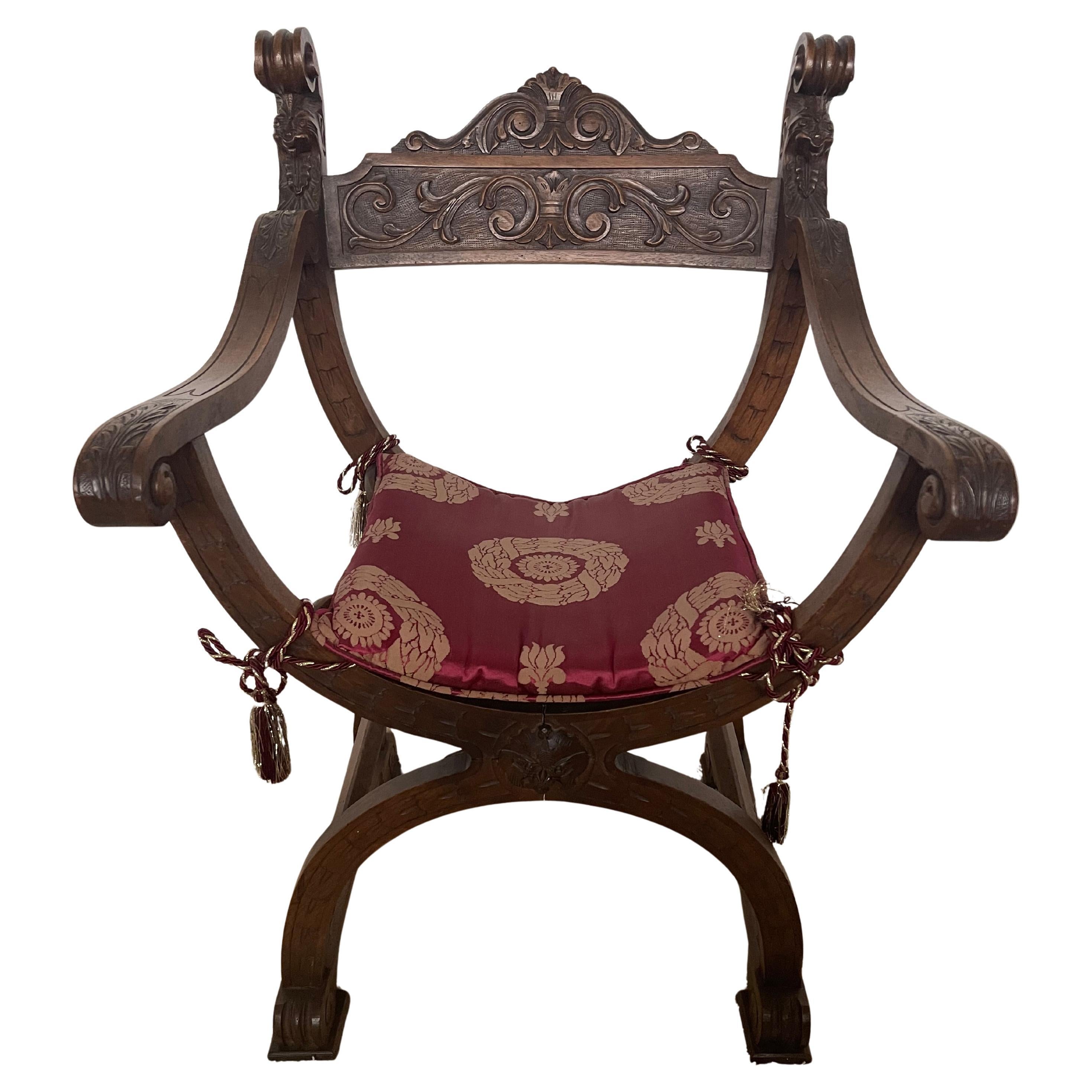 Italian Antique walnut curule or dagobert armchair 1920s