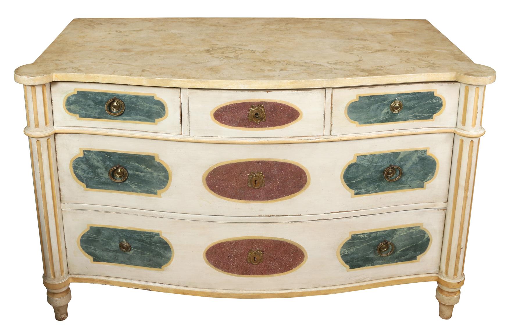 Hand-Painted Italian Polychrome Commode with Faux Marble Top