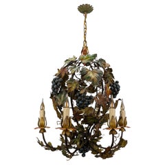 Italian Polychrome Metal Grapes, Vines and Autumn Color Leaves Chandelier, 1950s