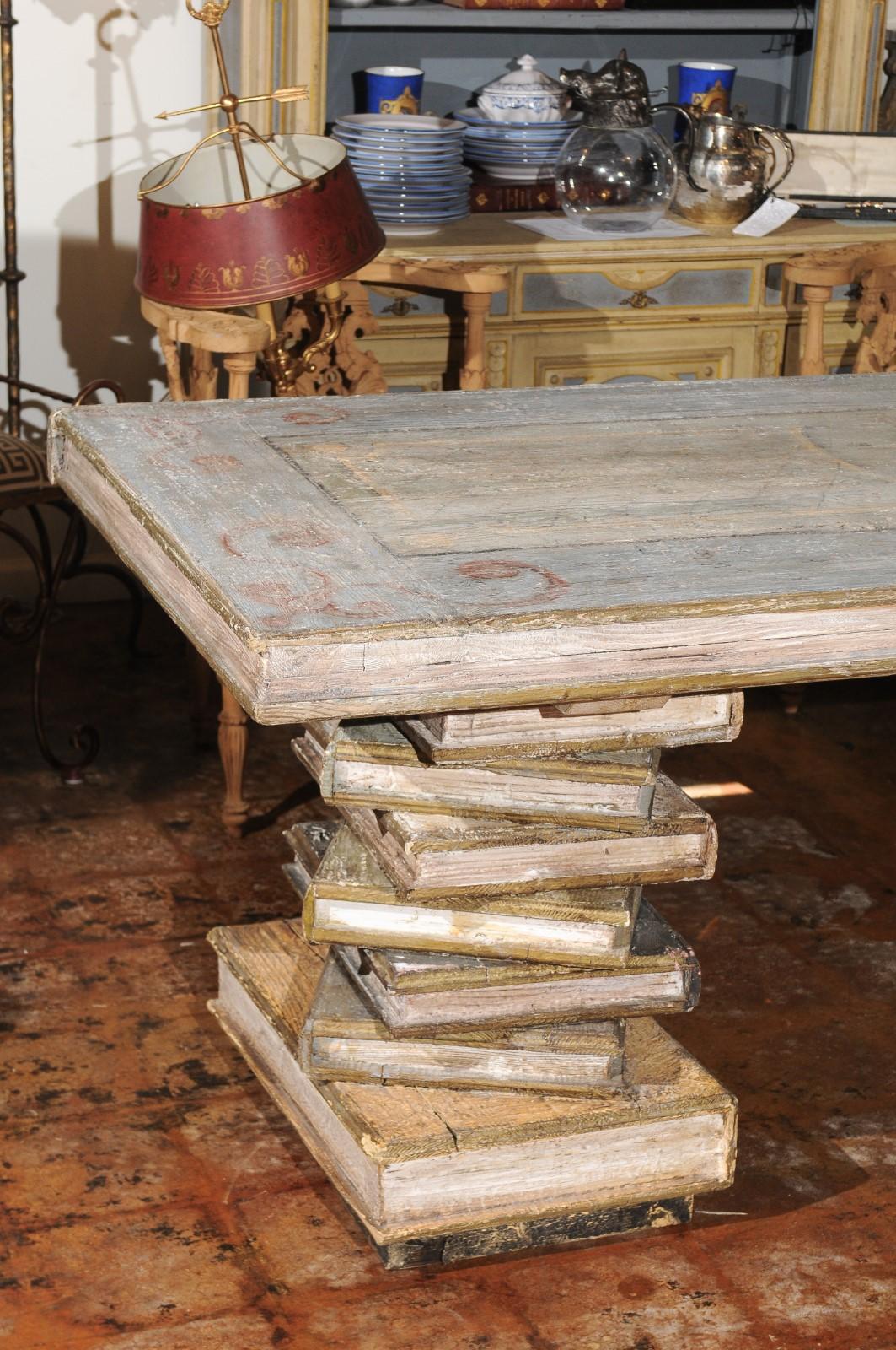 Italian Polychrome Wood Library Table with Hand Carved Books, Florence For Sale 6