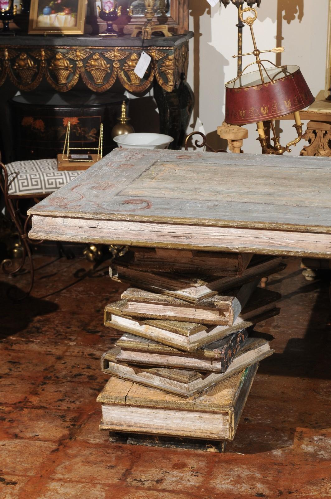 Italian Polychrome Wood Library Table with Hand Carved Books, Florence In Good Condition For Sale In Atlanta, GA