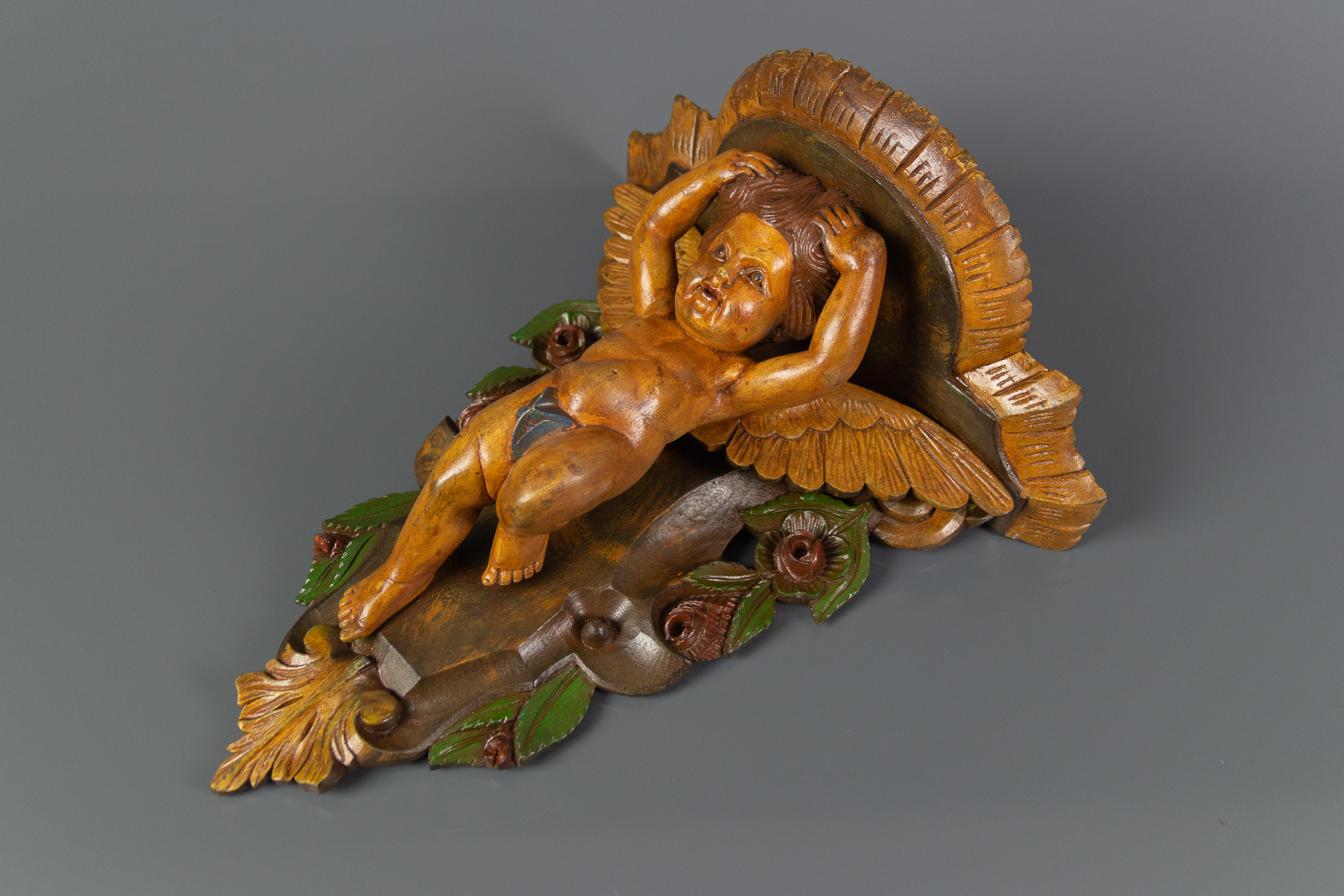 Painted Italian Polychrome Wooden Wall Bracket with Carved Cherub Angel