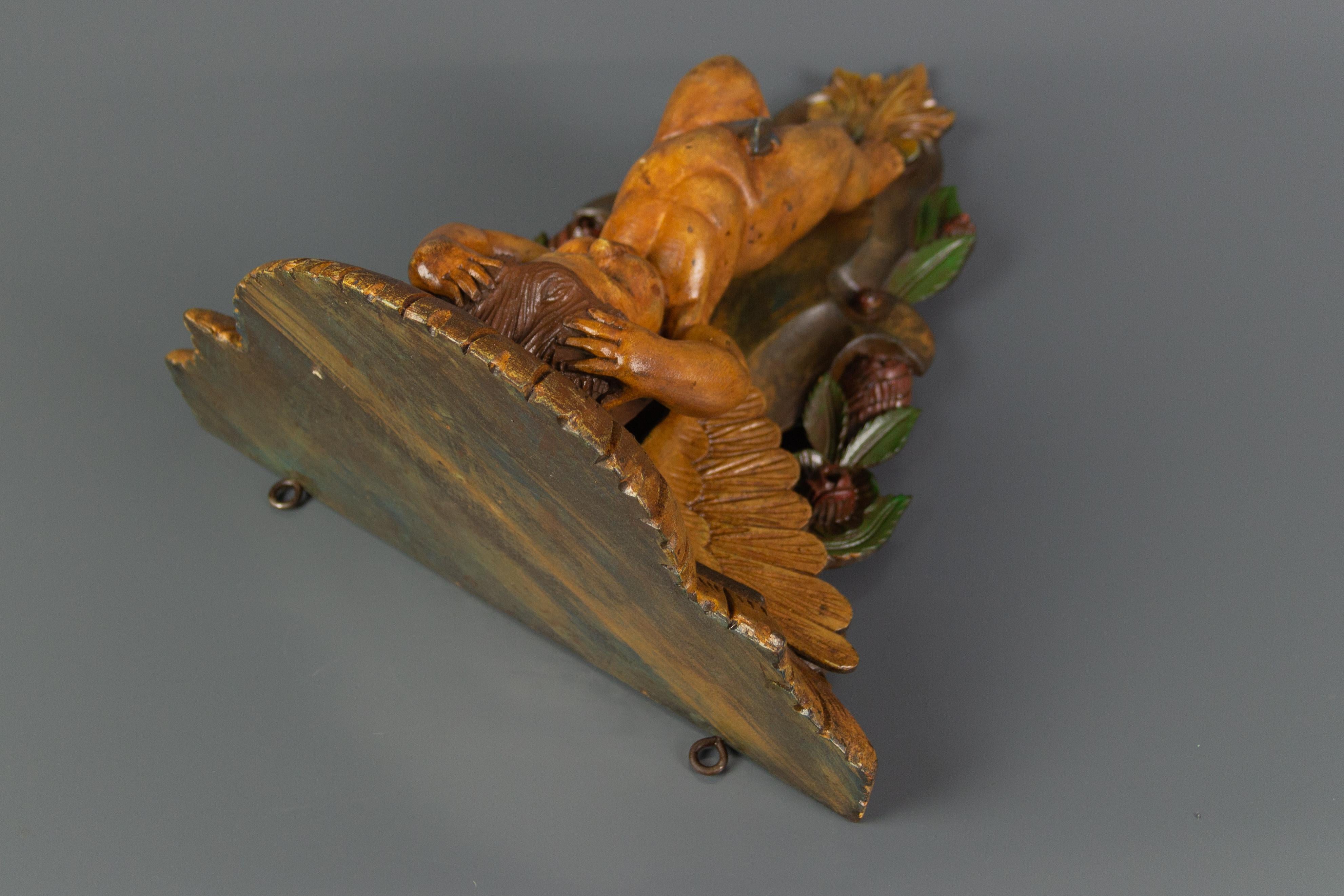 Italian Polychrome Wooden Wall Bracket with Carved Cherub Angel 1