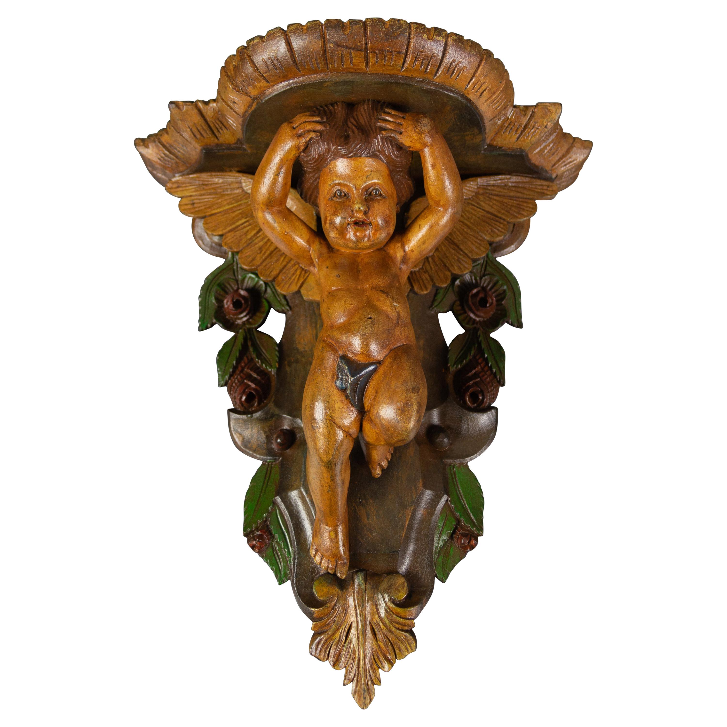 Italian Polychrome Wooden Wall Bracket with Carved Cherub Angel
