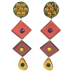 Italian Pop Art Dangling Geometric Chandelier Lucite Clip-on Earrings Multicolor