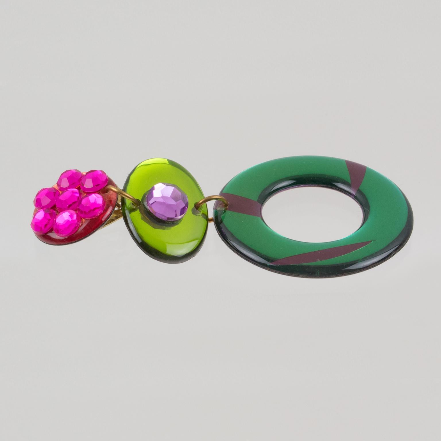 Women's or Men's Italian Pop Art Dangling Multicolor Chandelier Lucite Clip-on Earrings