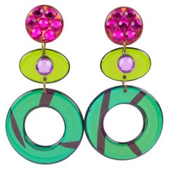 Vintage Italian Pop Art Dangling Multicolor Chandelier Lucite Clip-on Earrings
