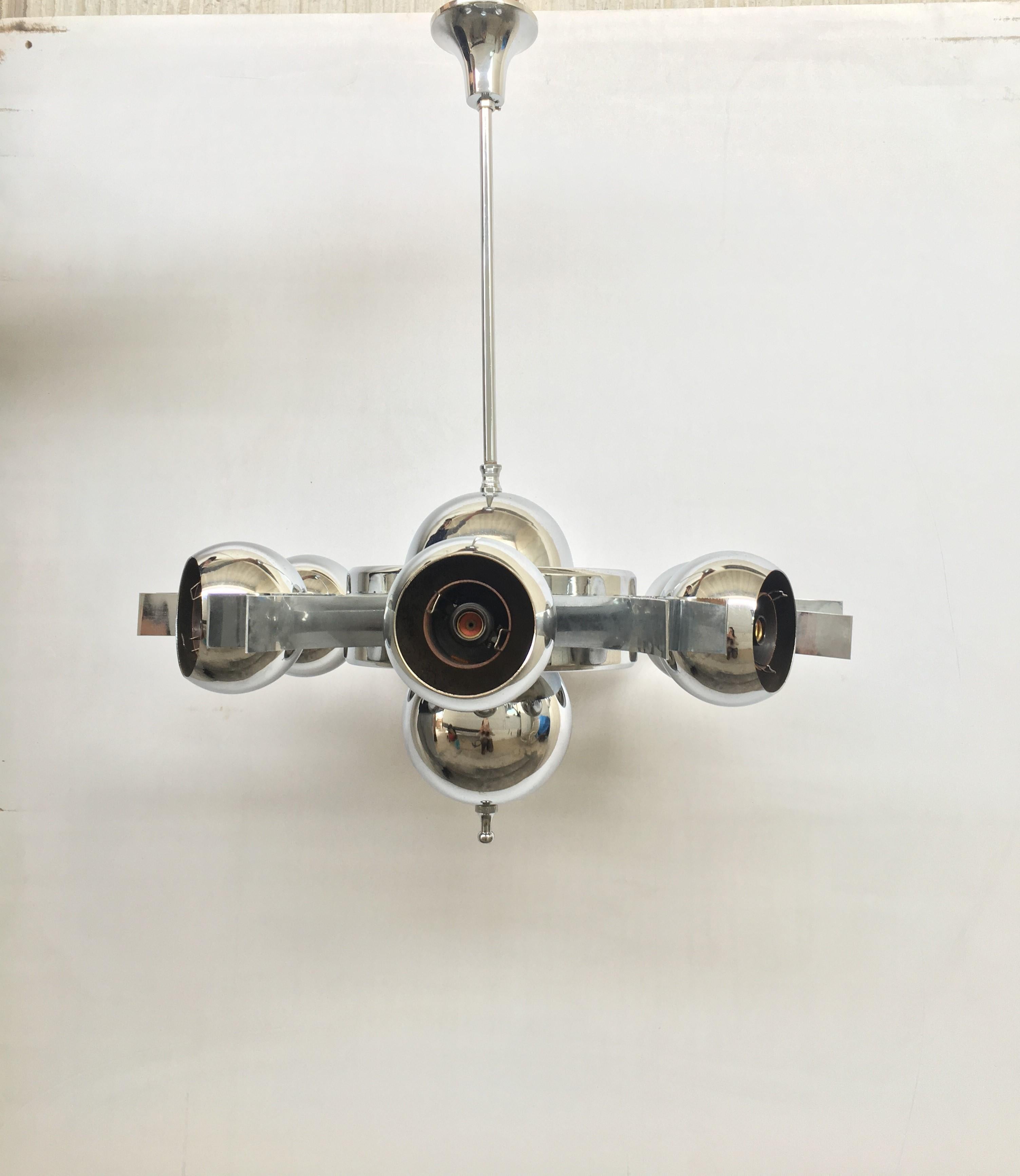 20th Century Italian Pop Art Space Age Chrome Ceiling Lamp with Six Balls, 1960s For Sale