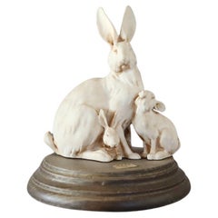 Vintage Italian Porcelain Biscuit Group of Family Rabbits on Wooden Base