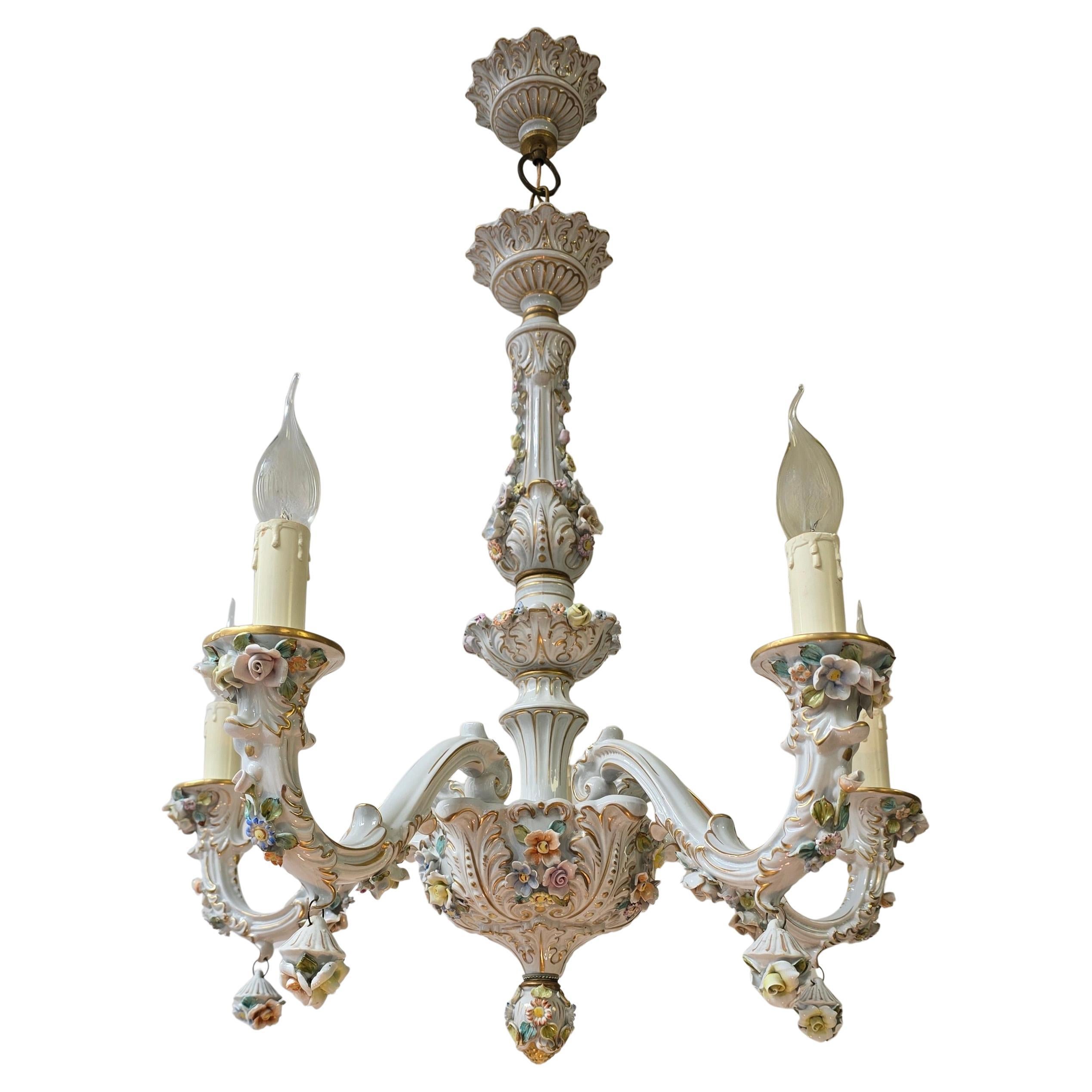 Italian Porcelain Chandelier with Hand-Painted Floral Details