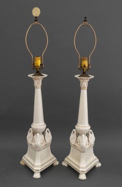 Italian Porcelain Columnar Swan Lamps, Pair