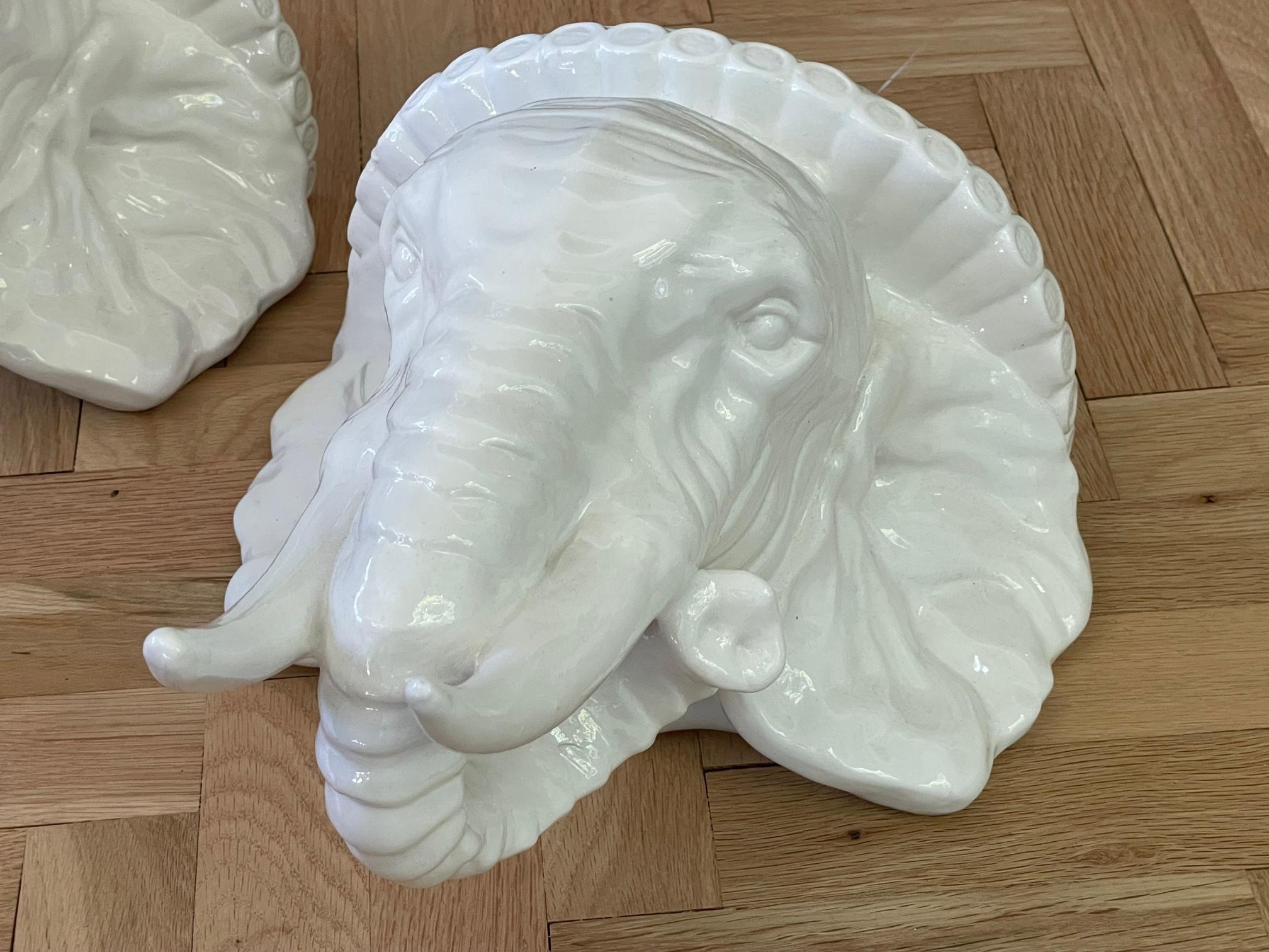 Hollywood Regency Italian Porcelain Elephant Head Wall Shelves For Sale