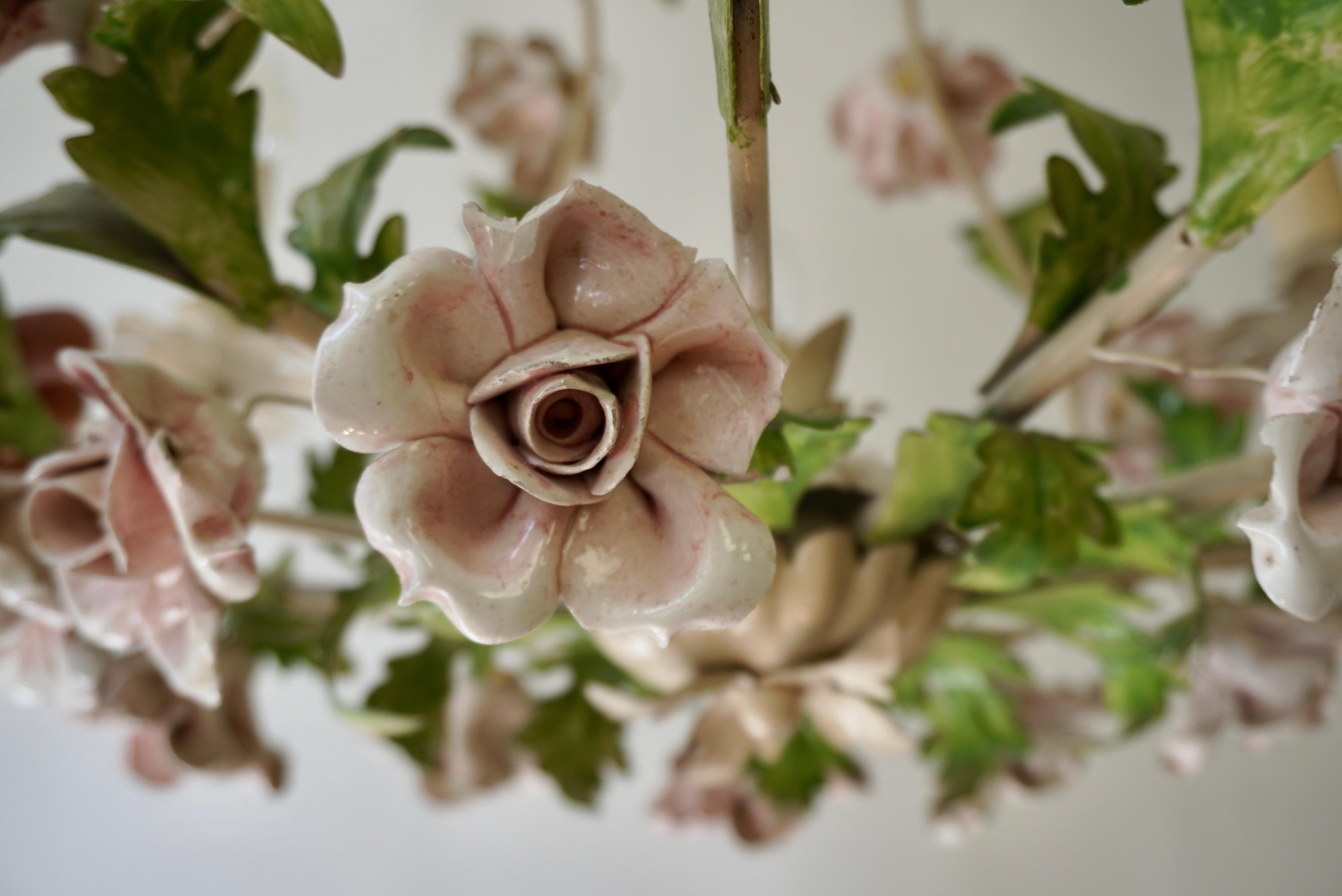 Italian Porcelain Flower Roses Tole Chandelier For Sale 5