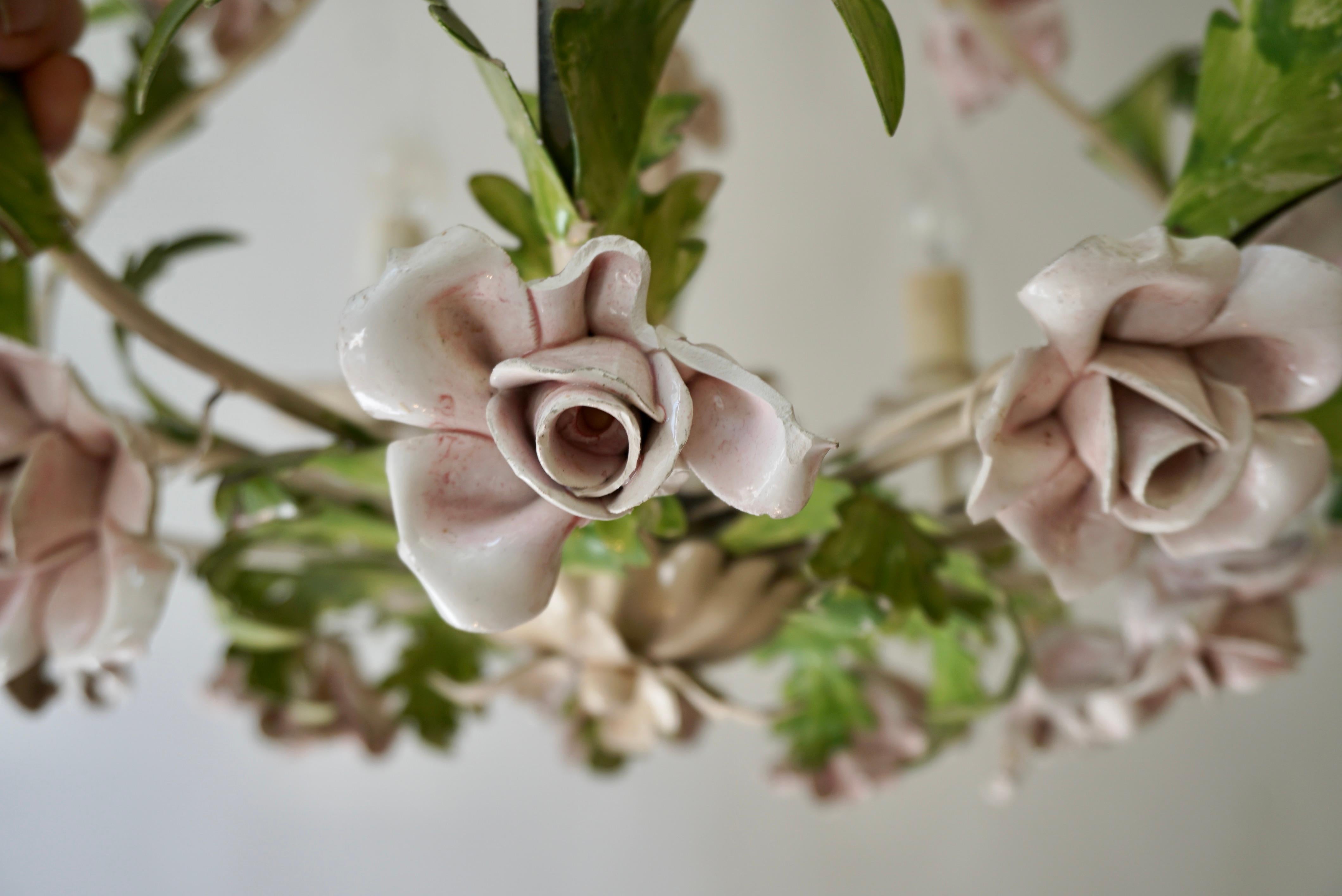 Italian Porcelain Flower Roses Tole Chandelier For Sale 2