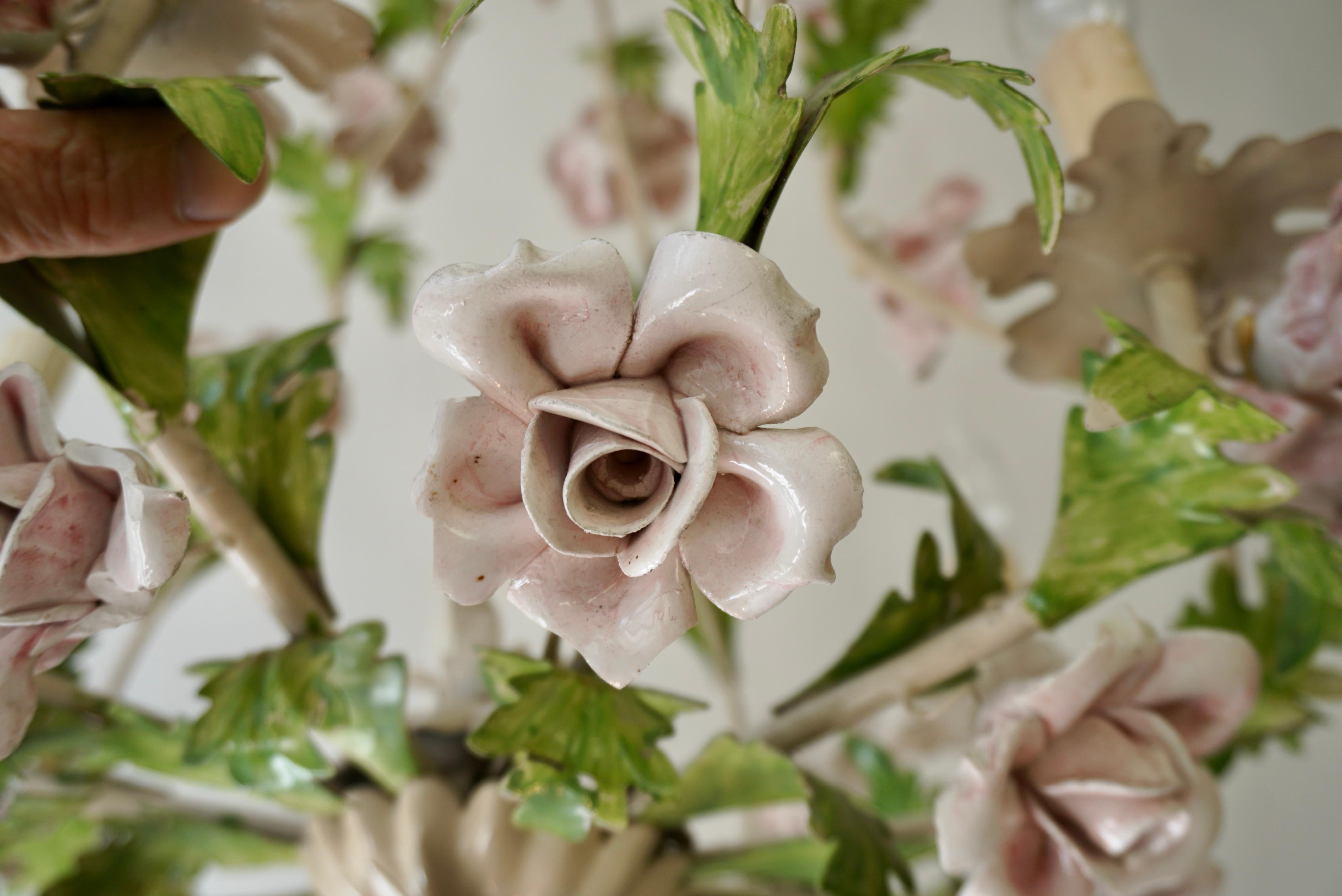 Italian Porcelain Flower Roses Tole Chandelier For Sale 3