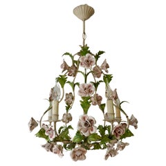 Lustre italien en porcelaine, fleurs et roses en tôle