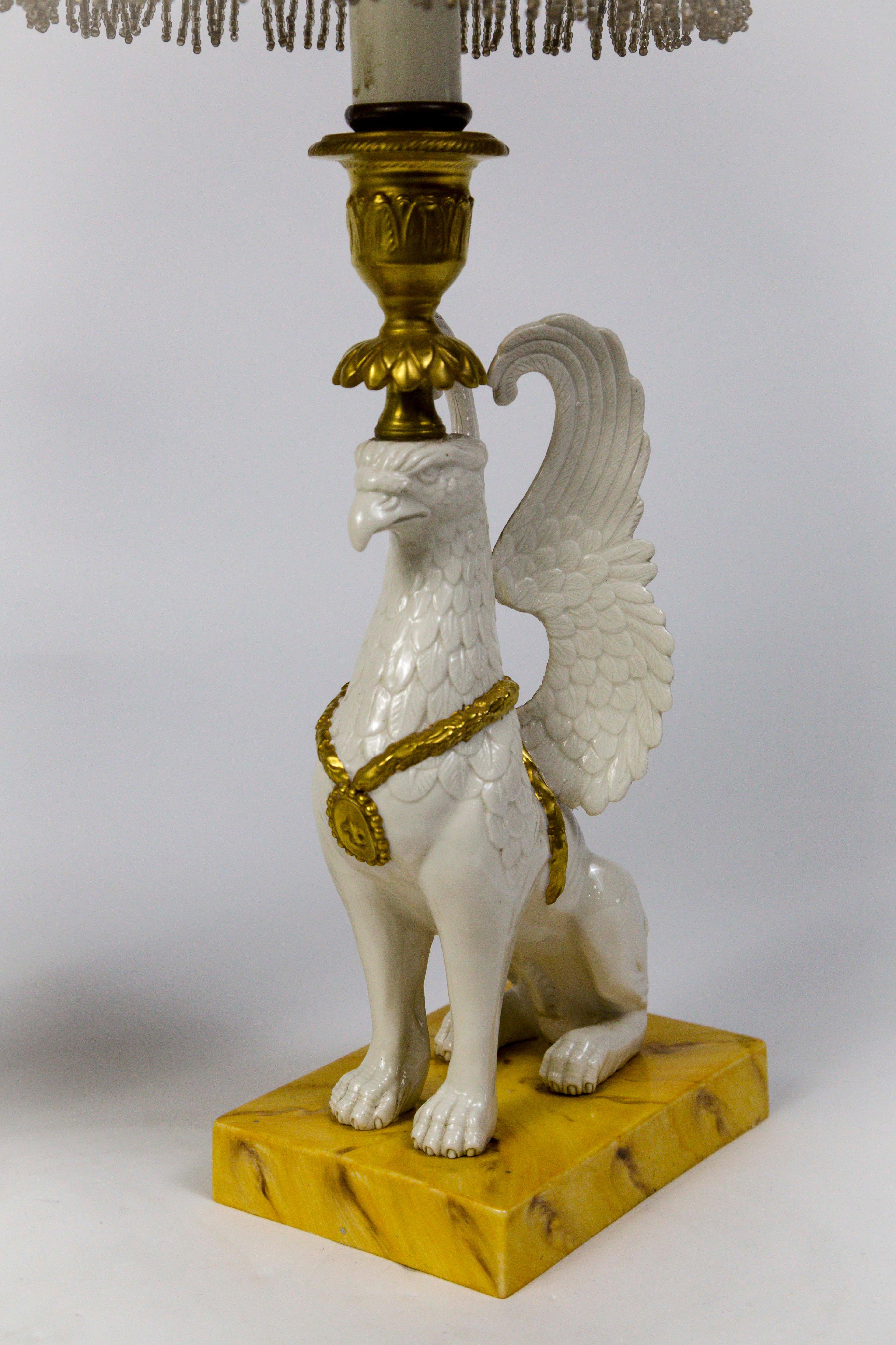 Classical Greek Pair of Italian Porcelain Griffin Push-Up Candlesticks with Beaded Shades