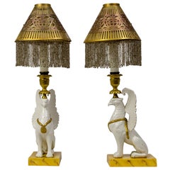 Pair of Italian Porcelain Griffin Push-Up Candlesticks with Beaded Shades