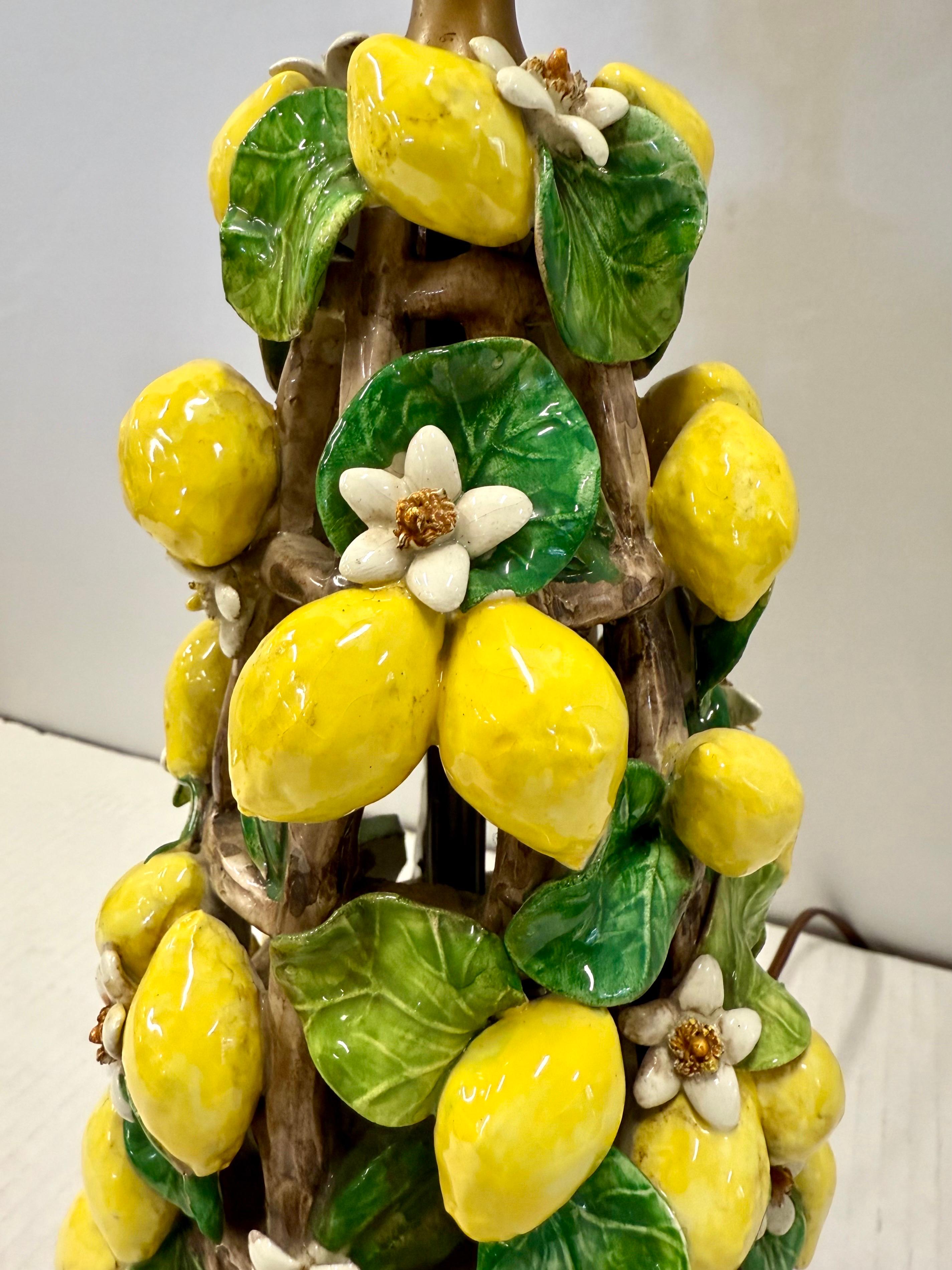 Mid-Century Modern Italian Porcelain Lemon Topiary Lamp with Matching Tole Shade Tuscany 1950s For Sale