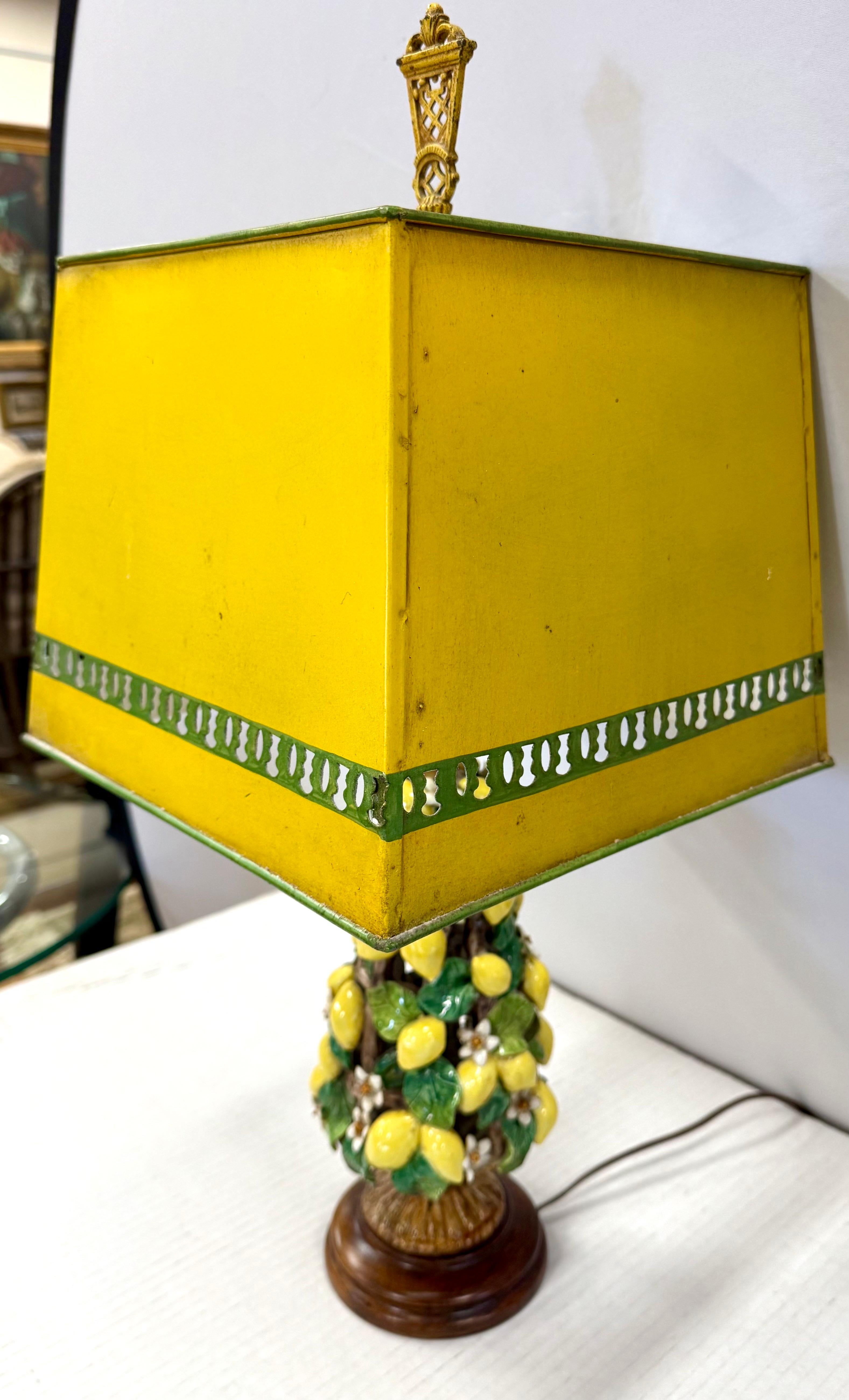 Italian Porcelain Lemon Topiary Lamp with Matching Tole Shade Tuscany 1950s For Sale 1