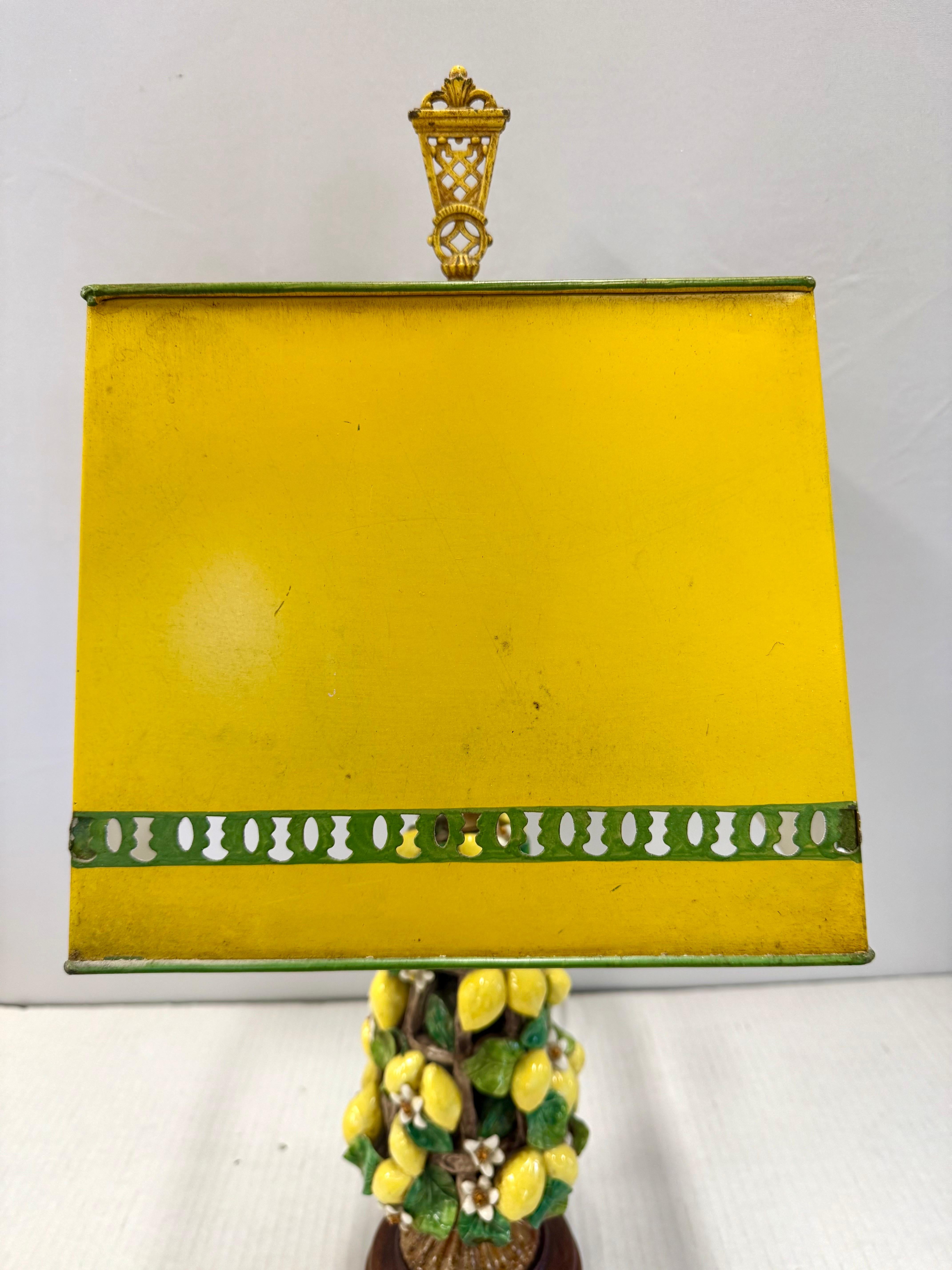 Italian Porcelain Lemon Topiary Lamp with Matching Tole Shade Tuscany 1950s For Sale 3