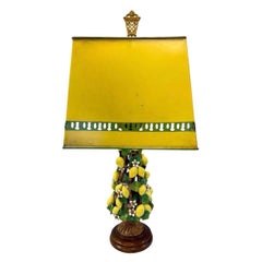 Italian Porcelain Lemon Topiary Lamp with Matching Tole Shade Tuscany 1950s