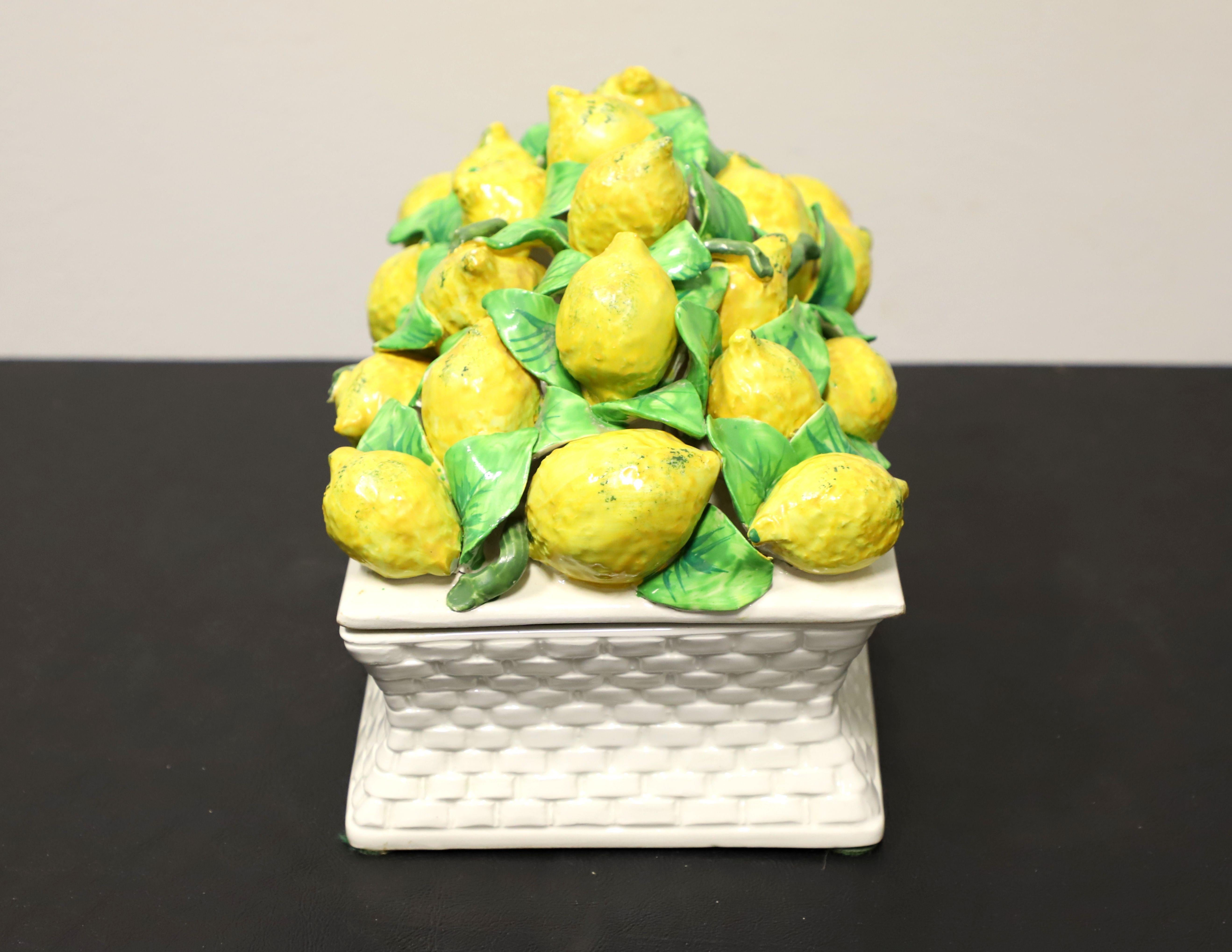 Italian Porcelain Lemons in Basket Lidded Centerpiece Dish In Good Condition In Charlotte, NC
