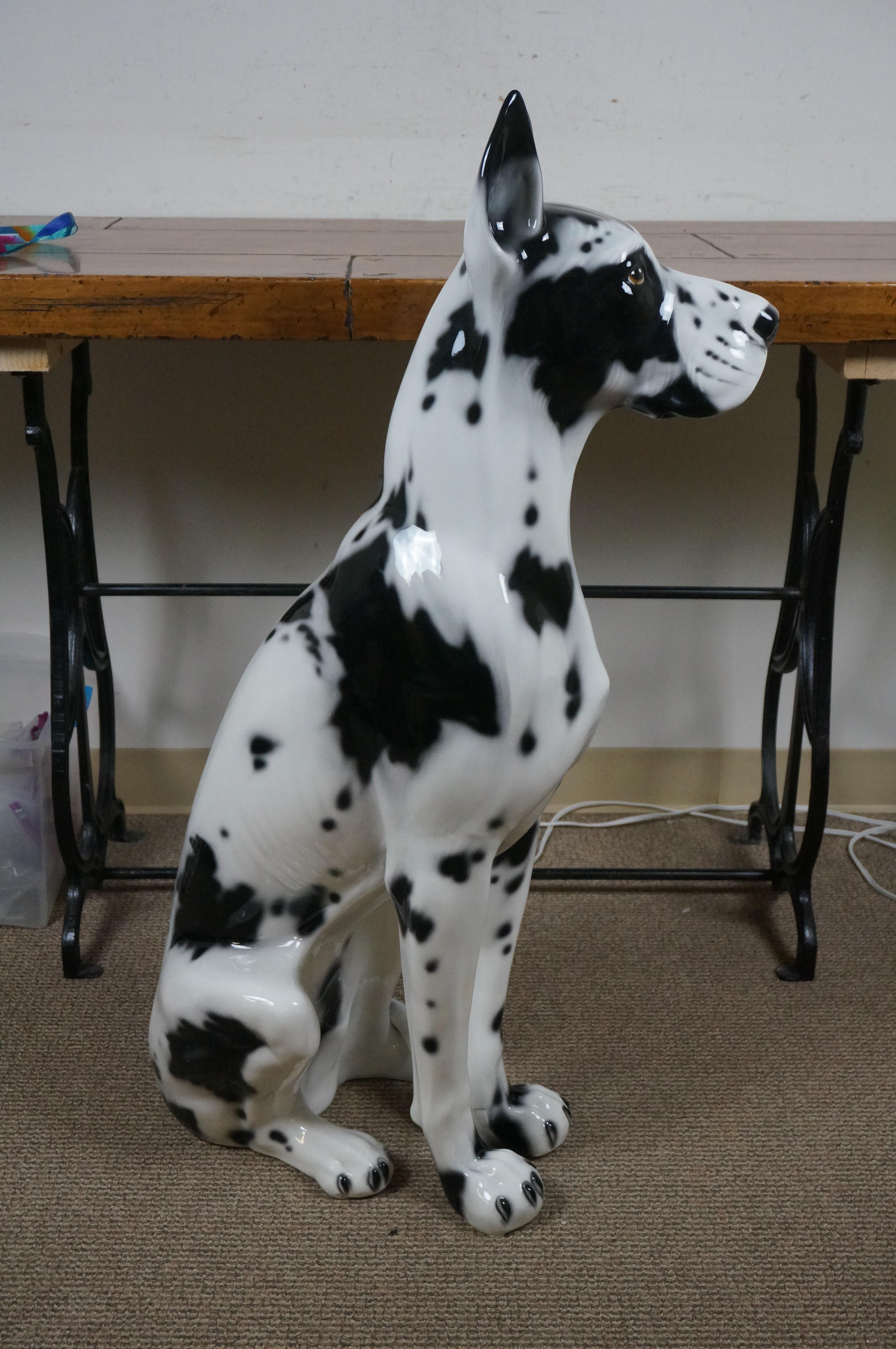 Contemporary Italian Porcelain Life Size Black & White Great Dane Dog Sculpture Statue 41