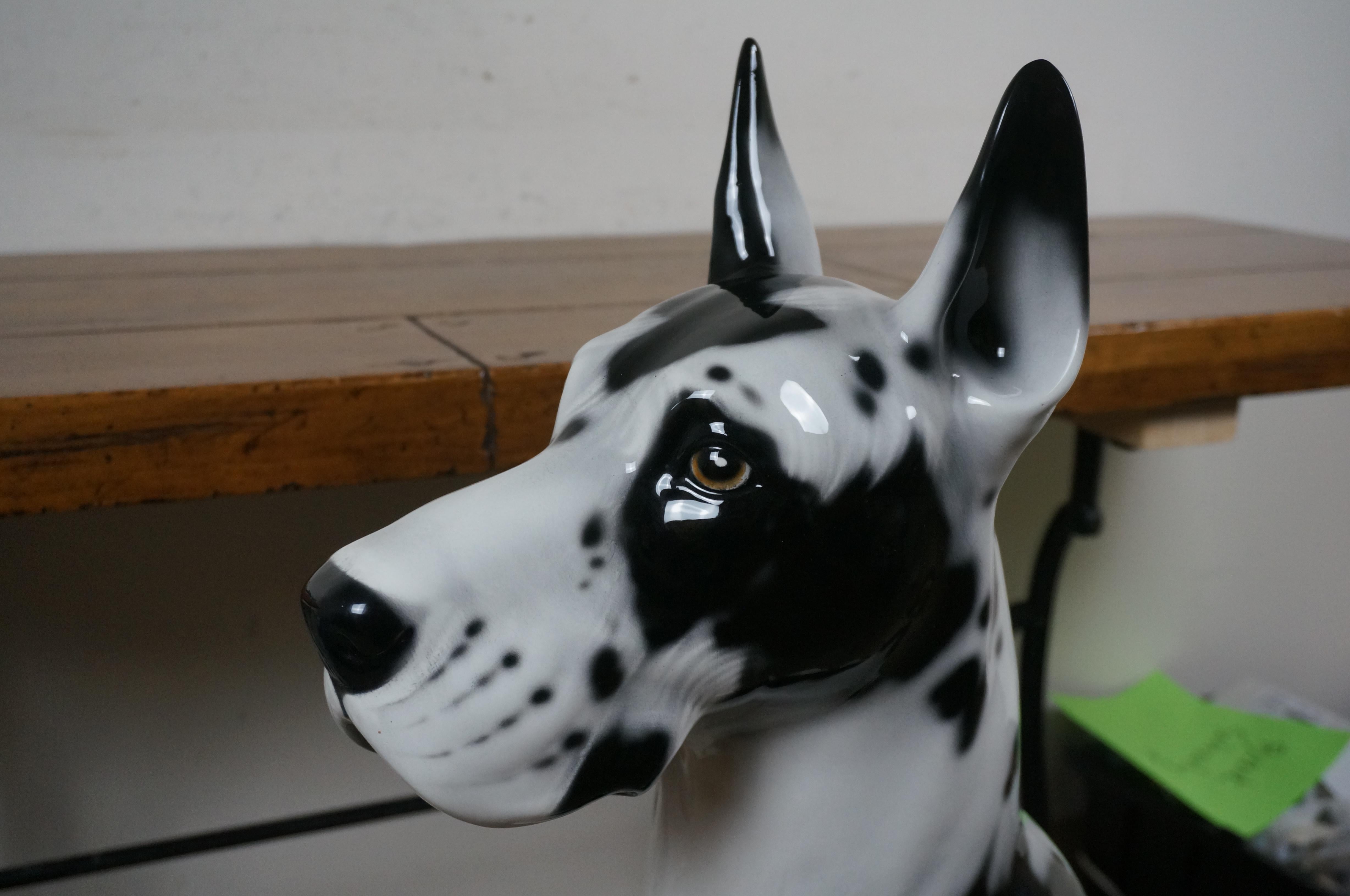 Italian Porcelain Life Size Black & White Great Dane Dog Sculpture Statue 41