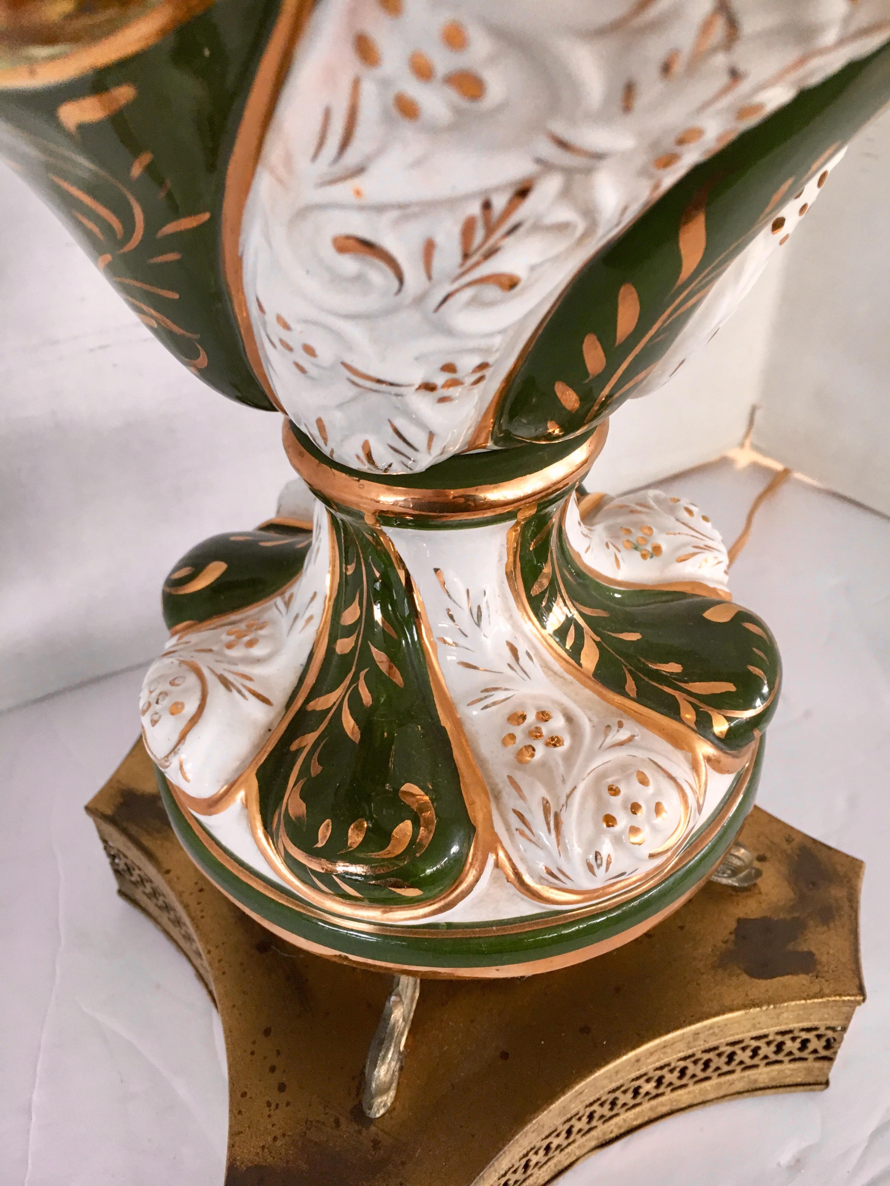 Italian Porcelain Ornate Table Lamp Greens In Good Condition In West Hartford, CT