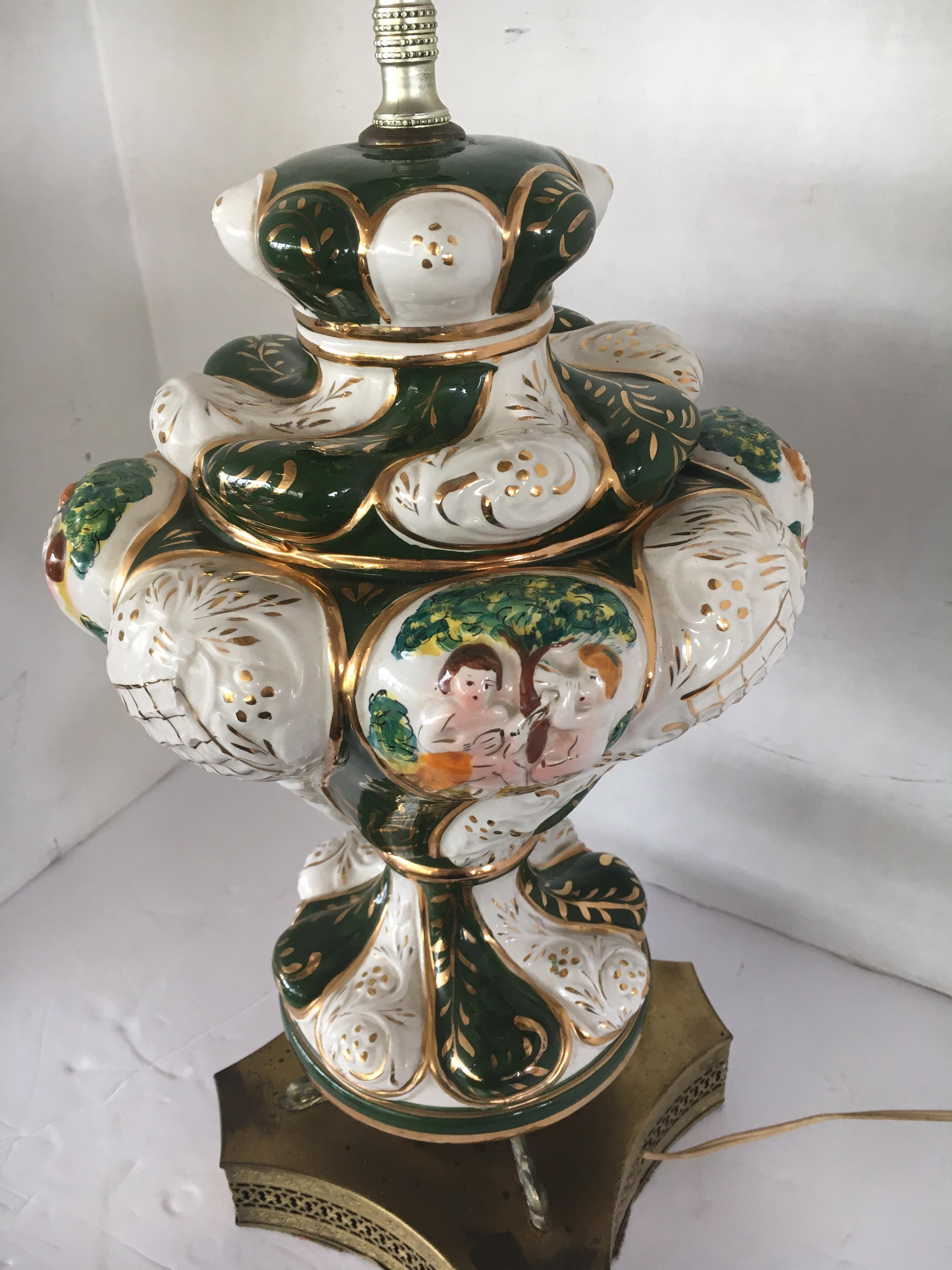 Italian Porcelain Ornate Table Lamp Greens 1